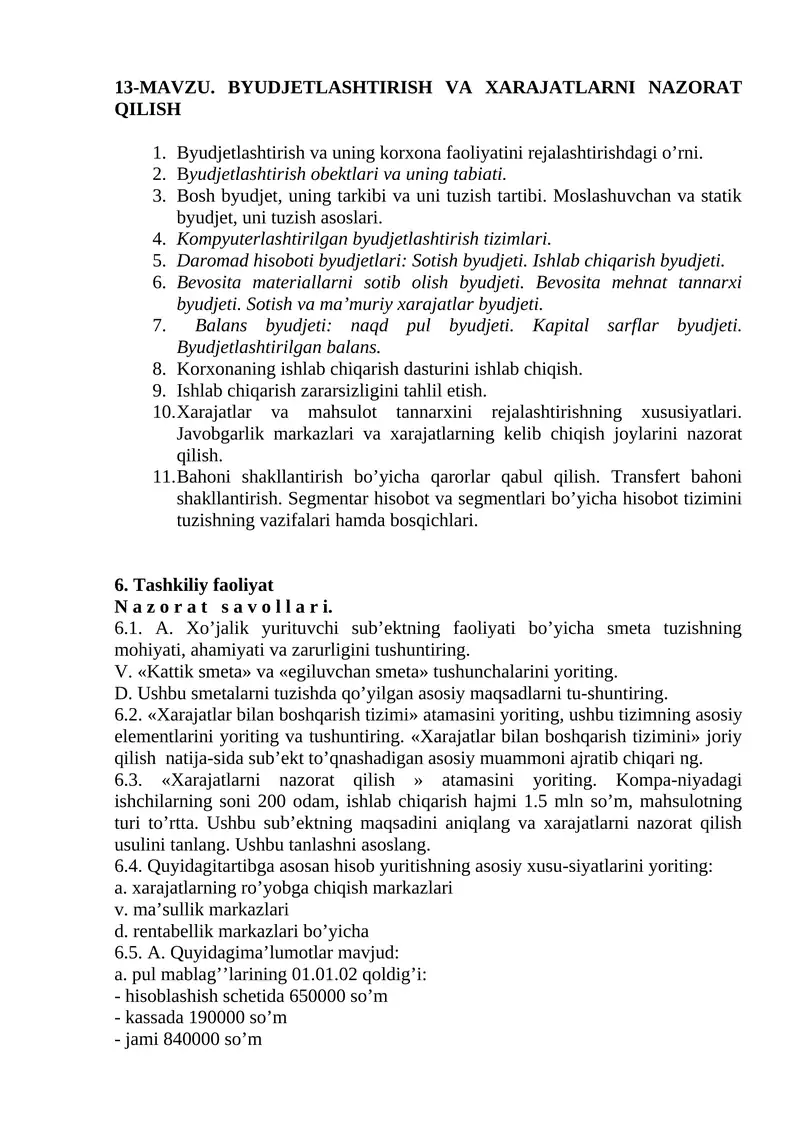 BYUDJETLASHTIRISH VA XARAJATLARNI NAZORAT QILISH