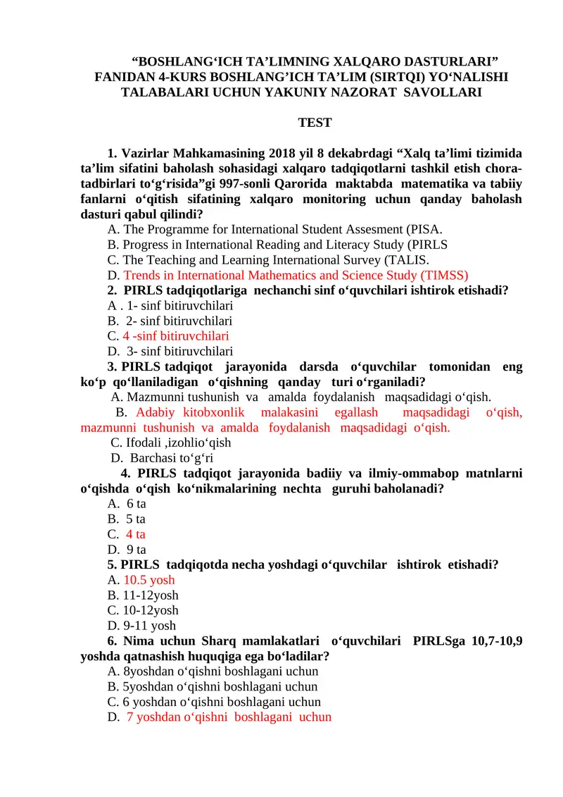 "BOSHLANG‘ICH TA’LIMNING XALQARO DASTURLARI” FANIDAN 4-KURS BOSHLANG’ICH TA’LIM (SIRTQI) YO‘NALISHI TALABALARI UCHUN YAKUNIY NAZORAT SAVOLLARI
