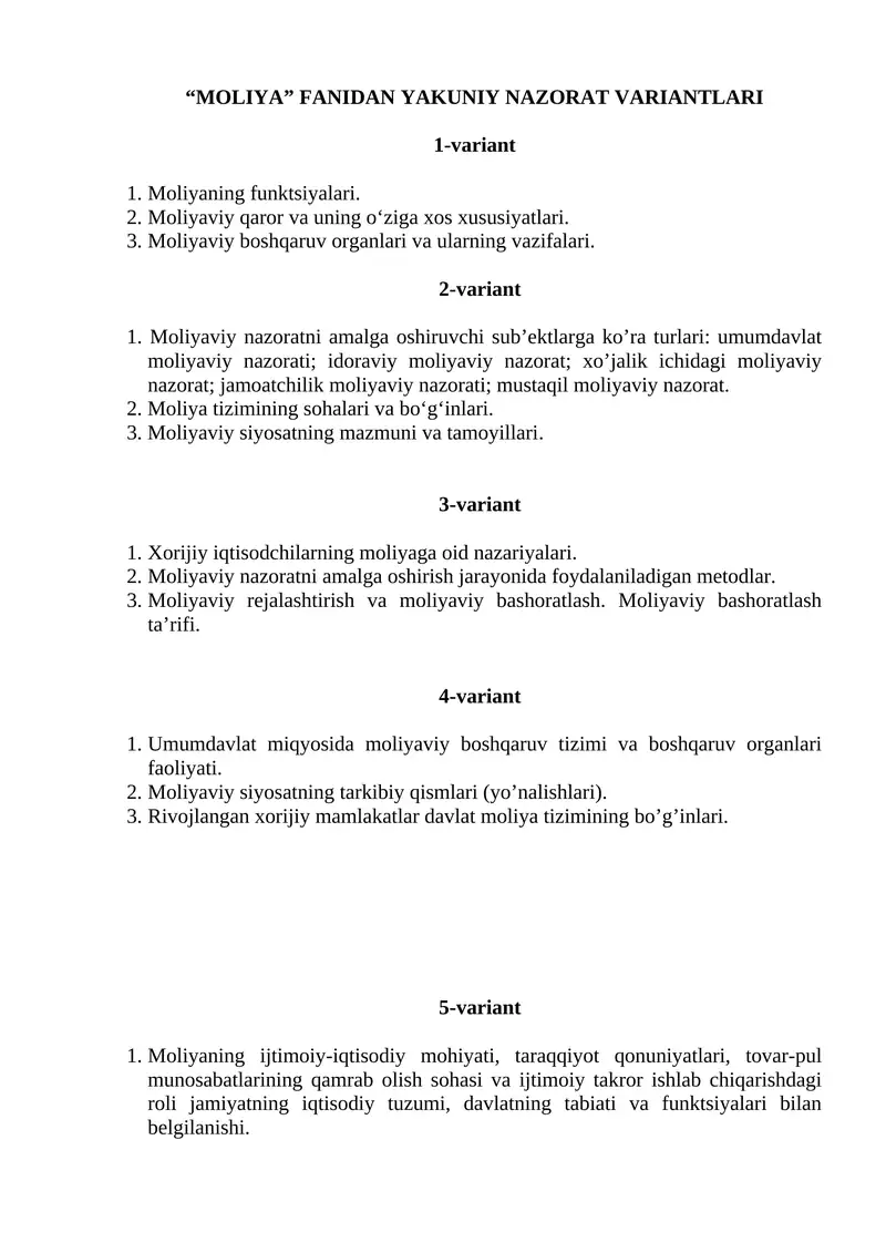 "MOLIYA" FANIDAN YAKUNIY NAZORAT VARIANTLARI