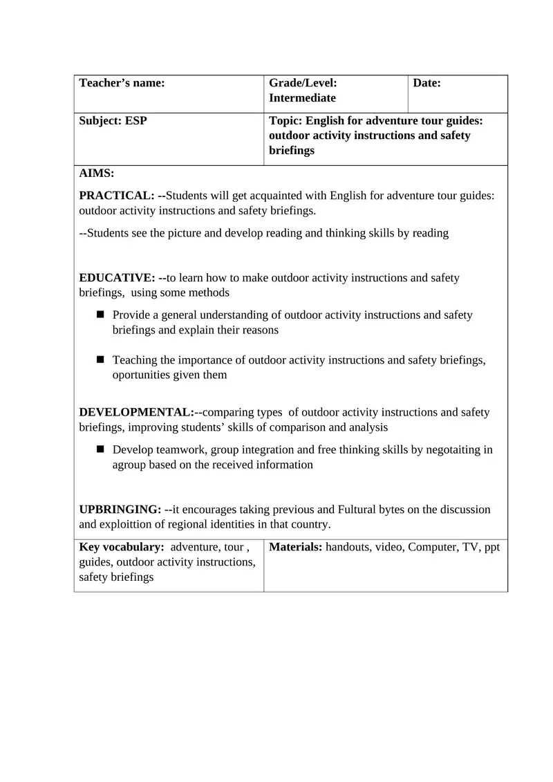 English for adventure tour guides: outdoor activity instructions and safety briefings