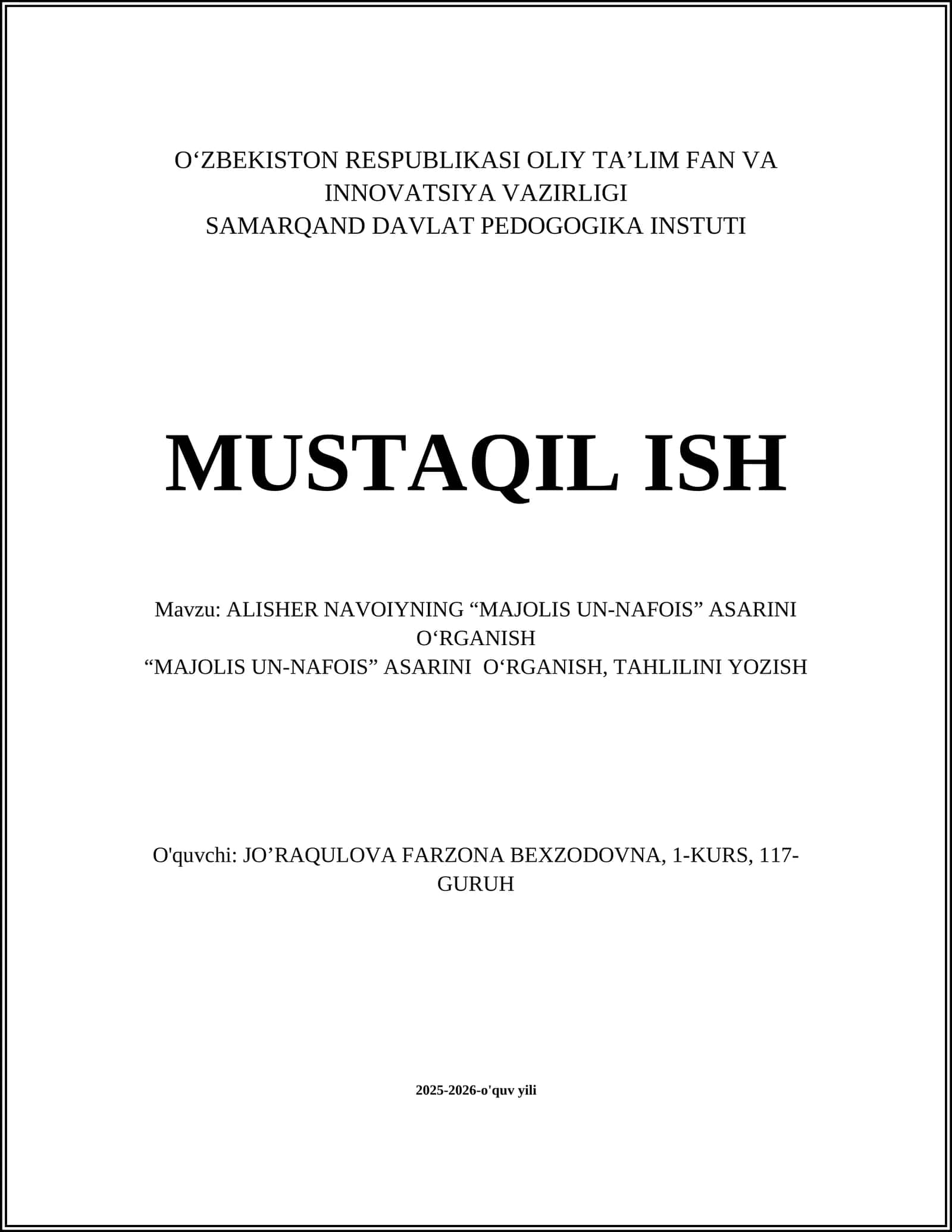 ALISHER NAVOIYNING “MAJOLIS UN-NAFOIS” ASARINI OʻRGANISH