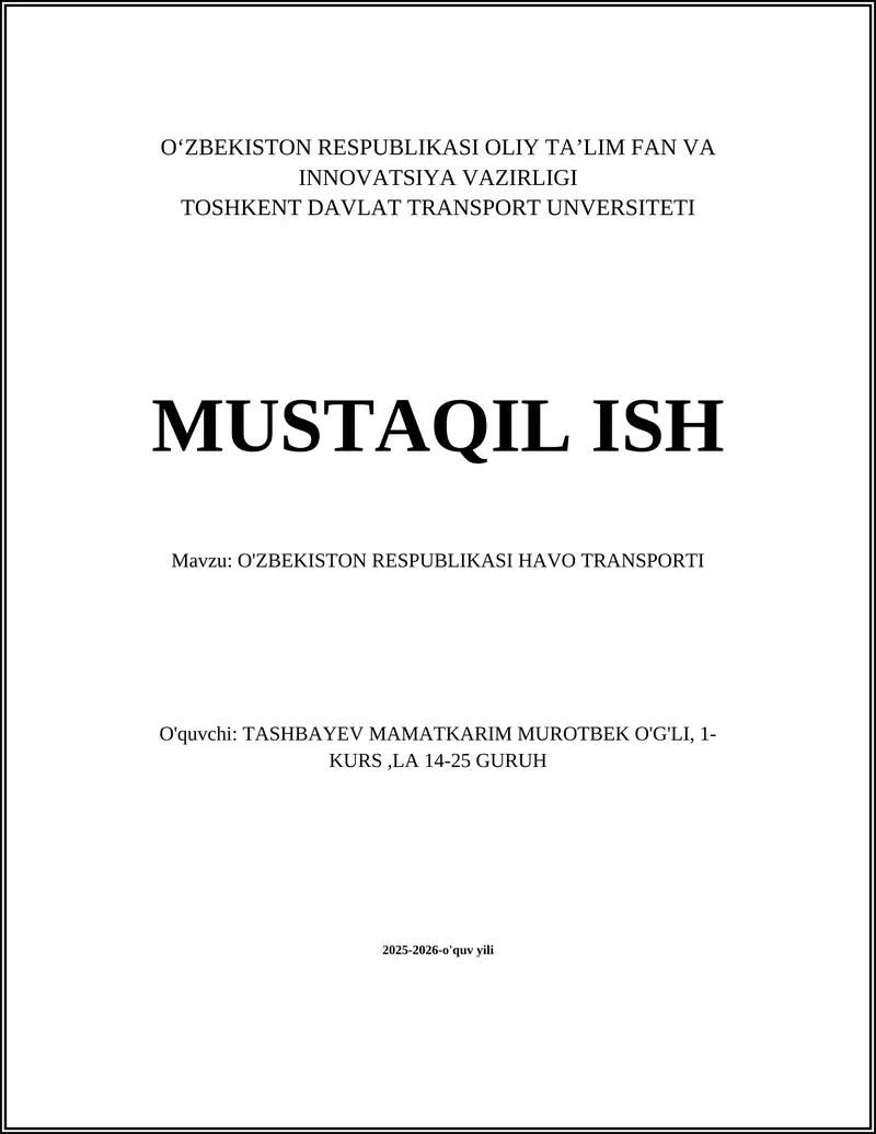 O'ZBEKISTON RESPUBLIKASI HAVO TRANSPORTI