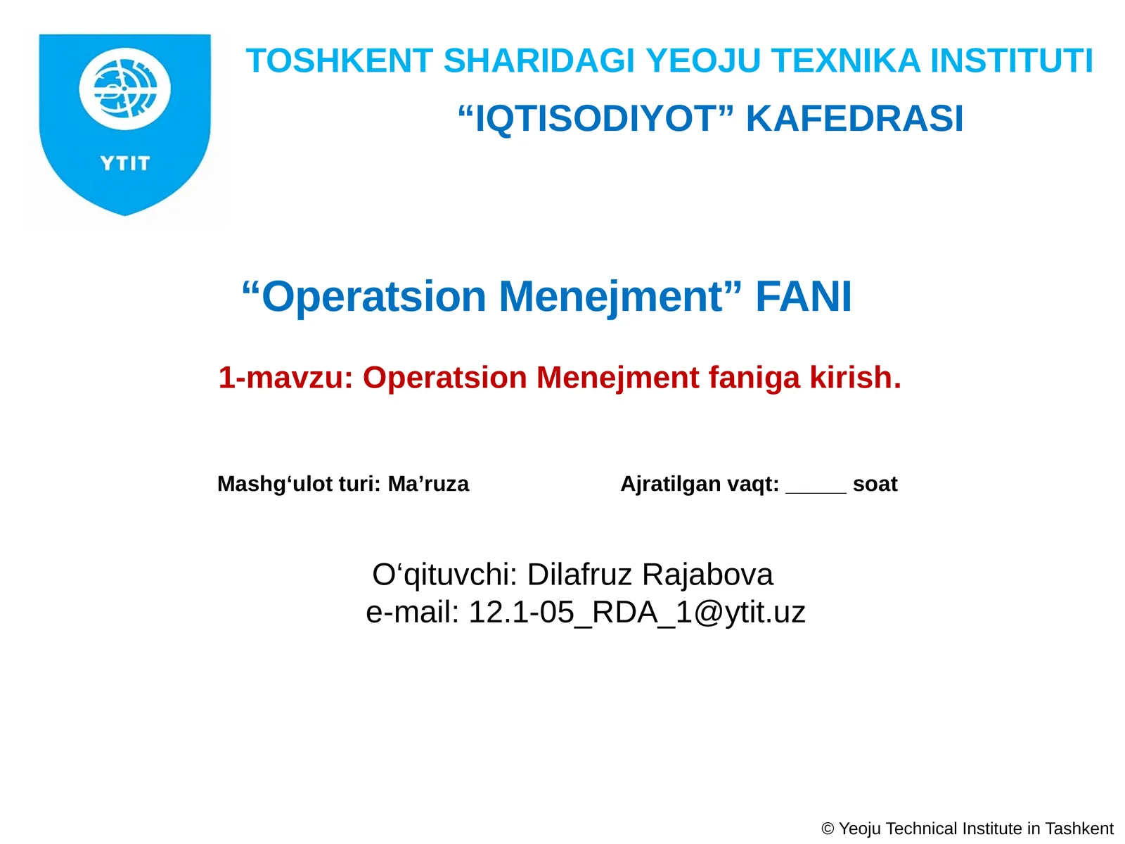Operatsion Menejment faniga kirish