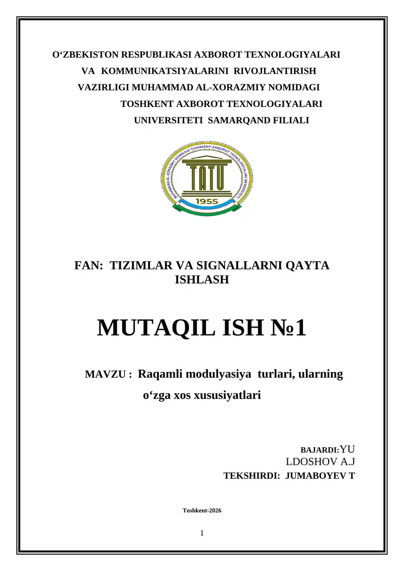 Tizimlar va signallarni qayta ishlash fanidan   Raqamli modulyatsiya turlari