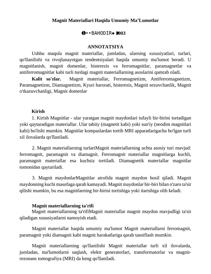 Magnit Materiallari Haqida Umumiy MaʼLumotlar
