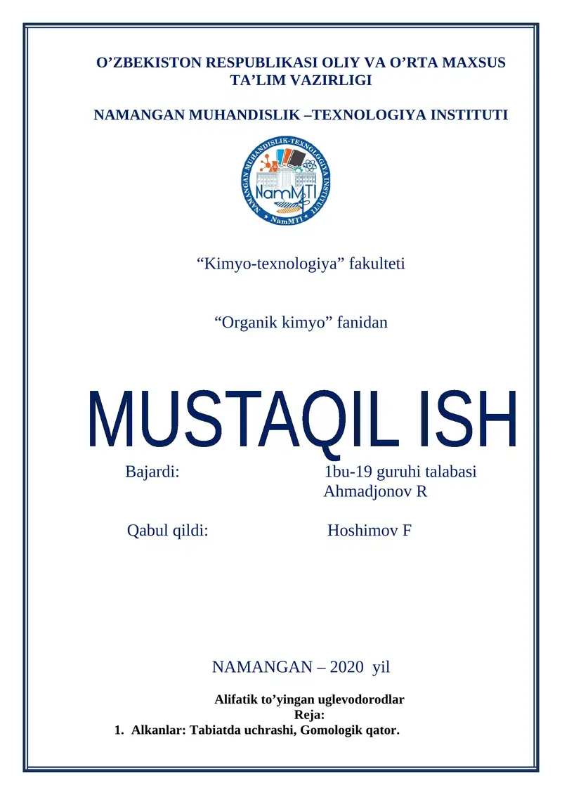 Alifatik to’yingan uglevodorodlar