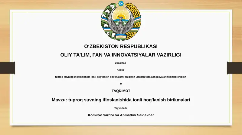 tuproq suvning ifloslanishida ionli bog'lanish birikmalari