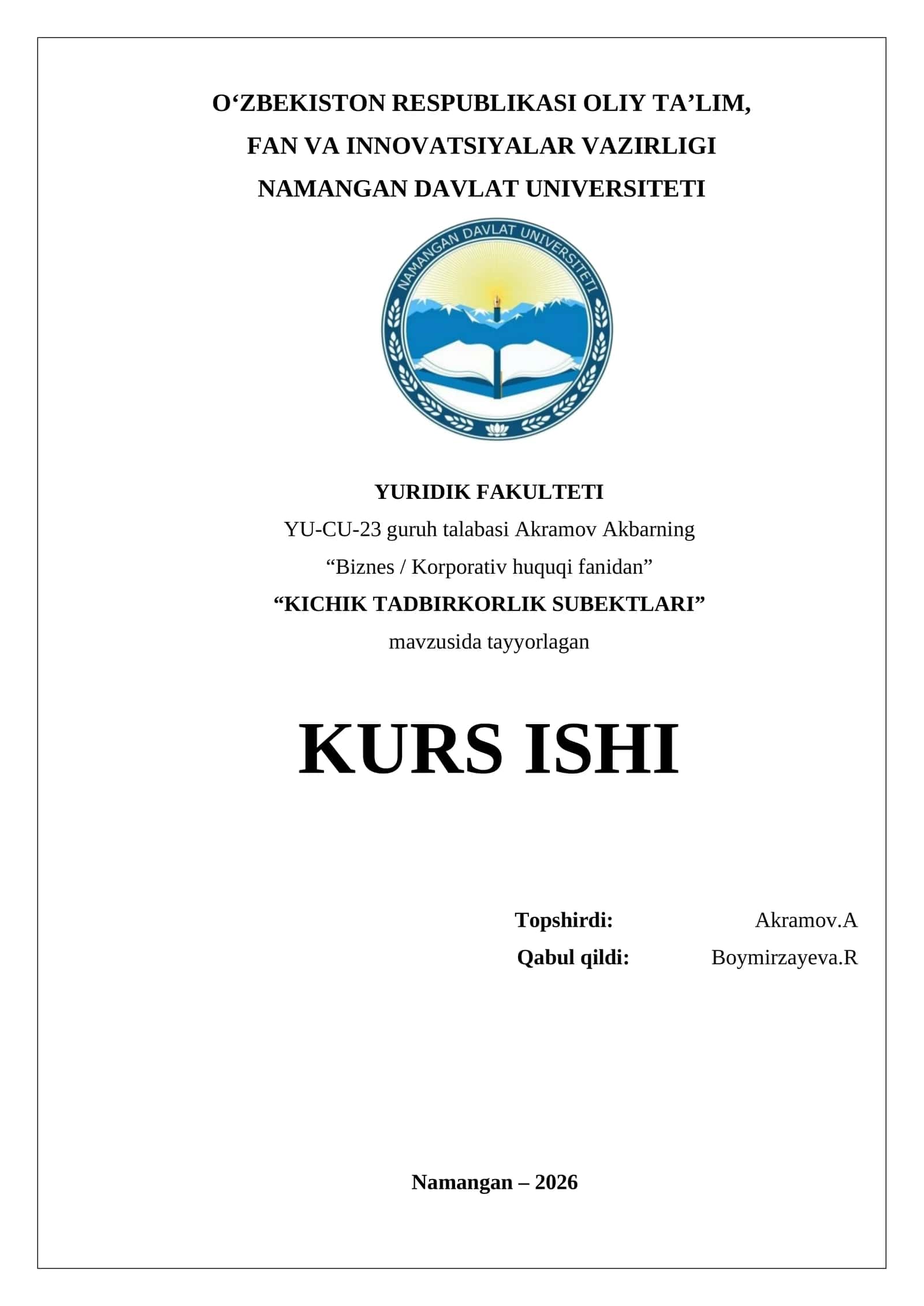 Biznes / Korporativ huquqi fanidan KICHIK TADBIRKORLIK SUBYEKTLARI