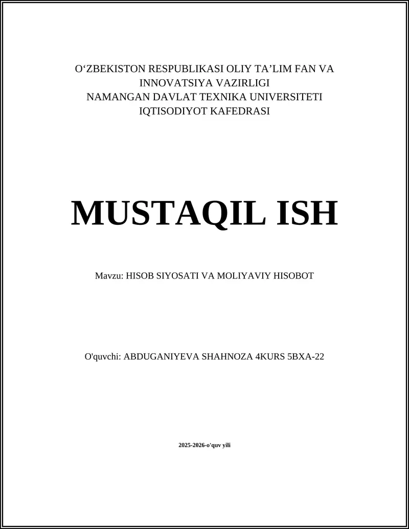 HISOB SIYOSATI VA MOLIYAVIY HISOBOT