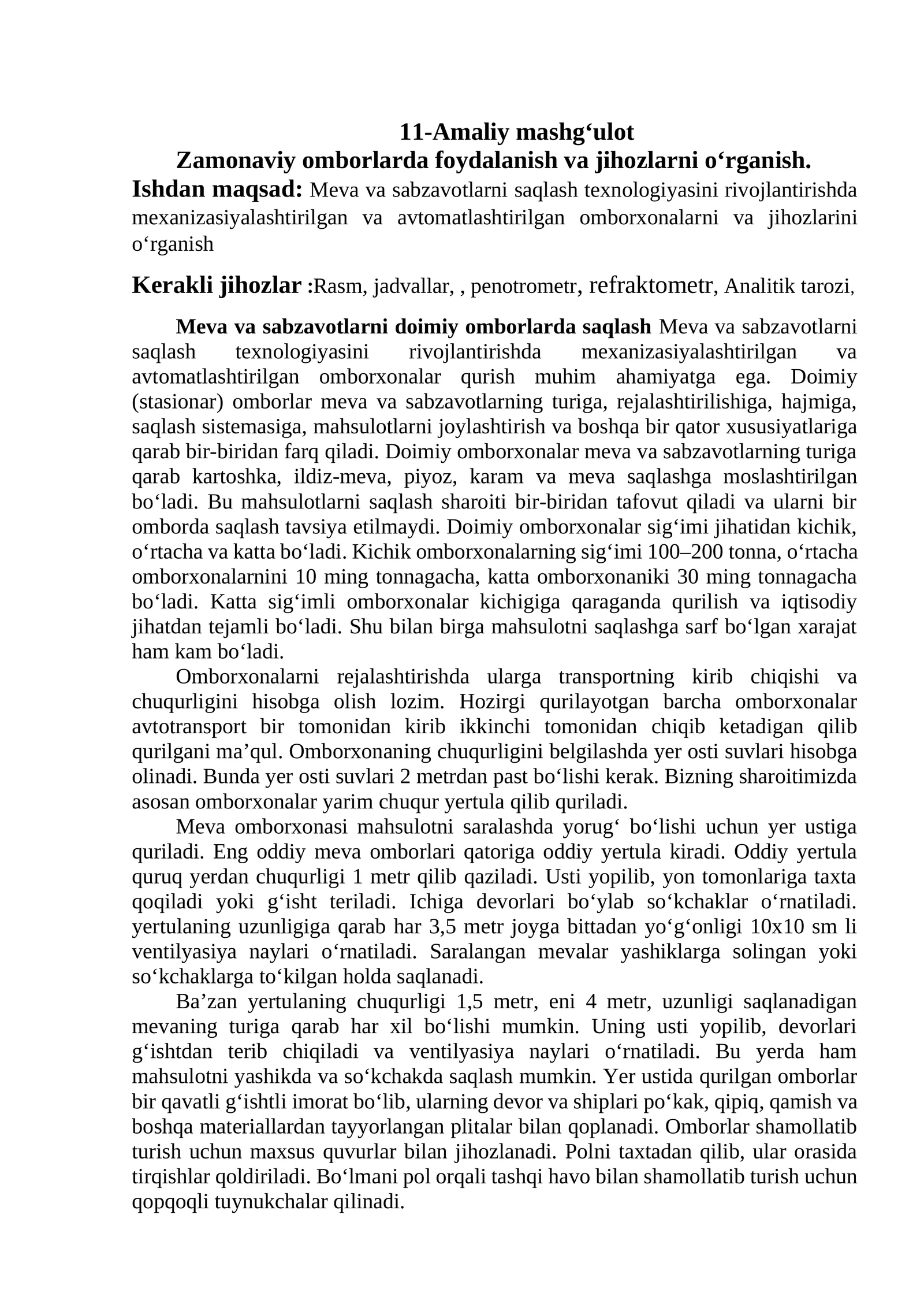 Meva va sabzavotlarni doimiy omborlarda saqlash