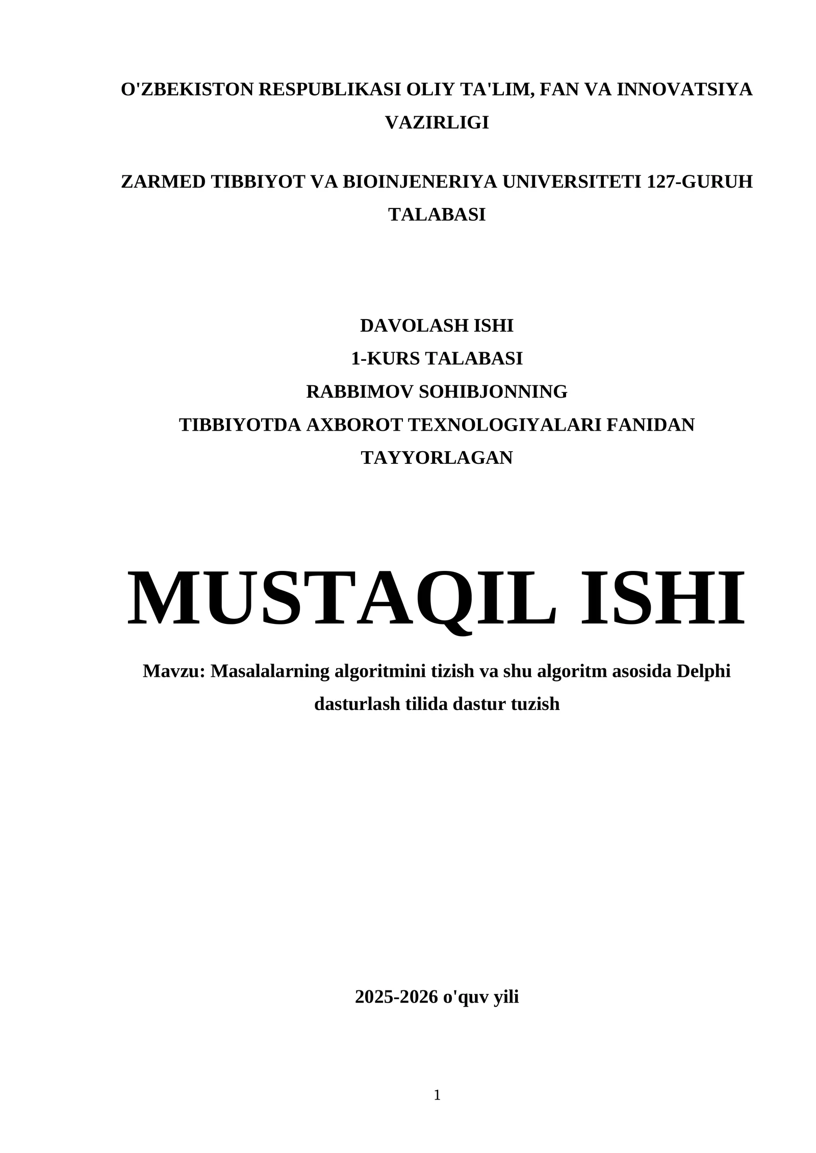 Masalalarning algoritmini tizish va shu algoritm asosida Delphi dasturlash tilida dastur tuzish