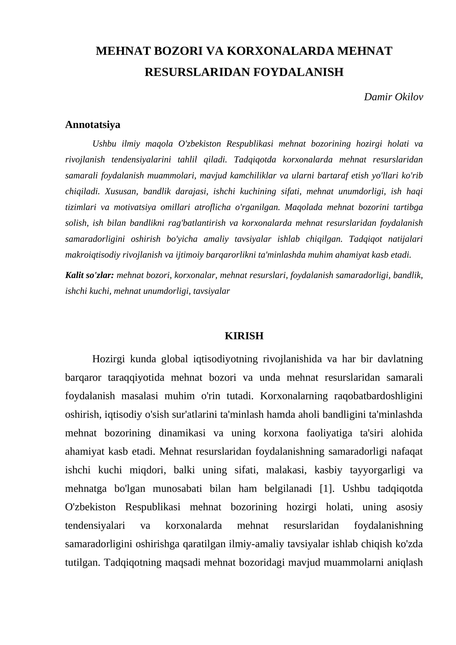 MEHNAT BOZORI VA KORXONALARDA MEHNAT RESURSLARIDAN FOYDALANISH