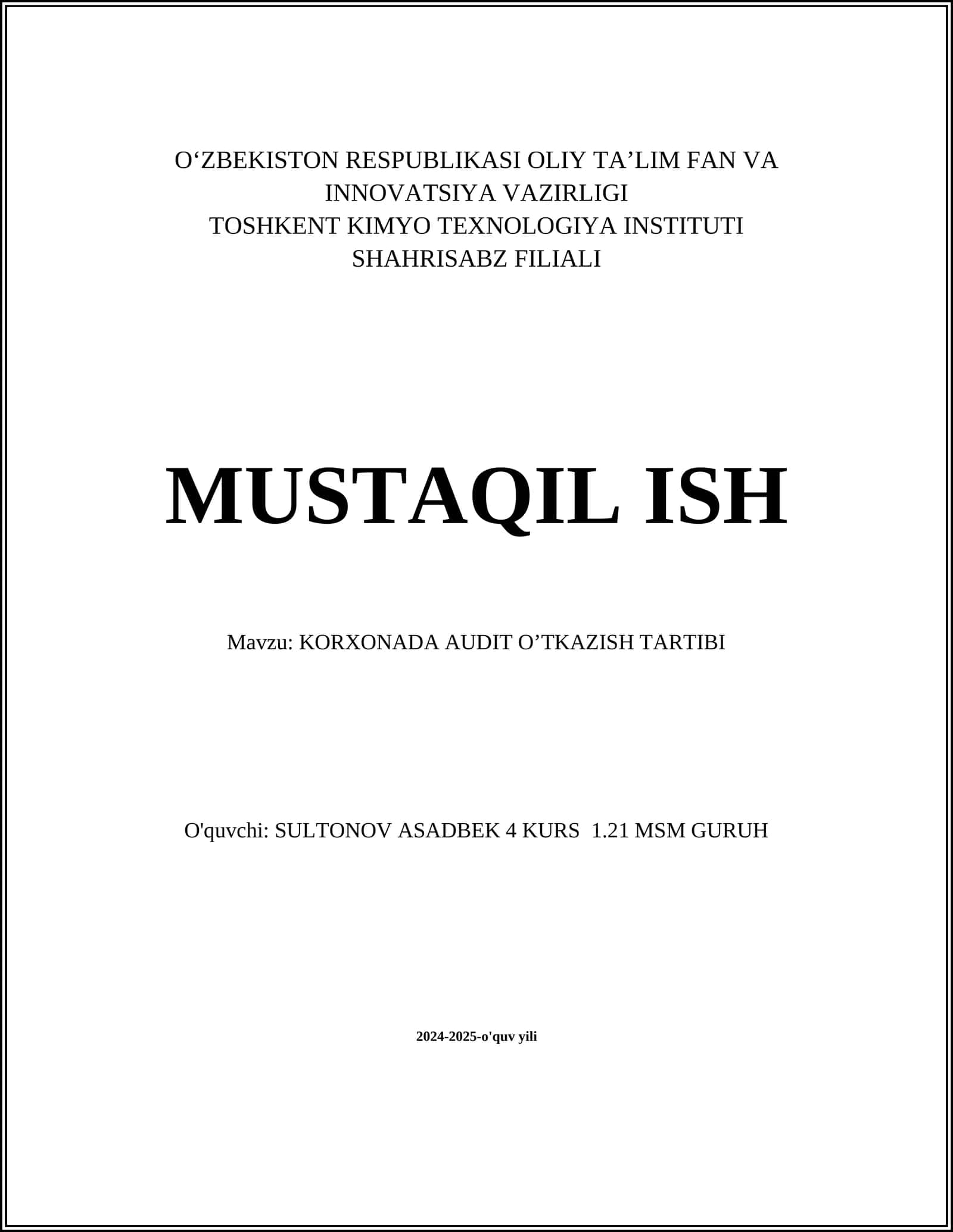 KORXONADA AUDIT OʼTKAZISH TARTIBI