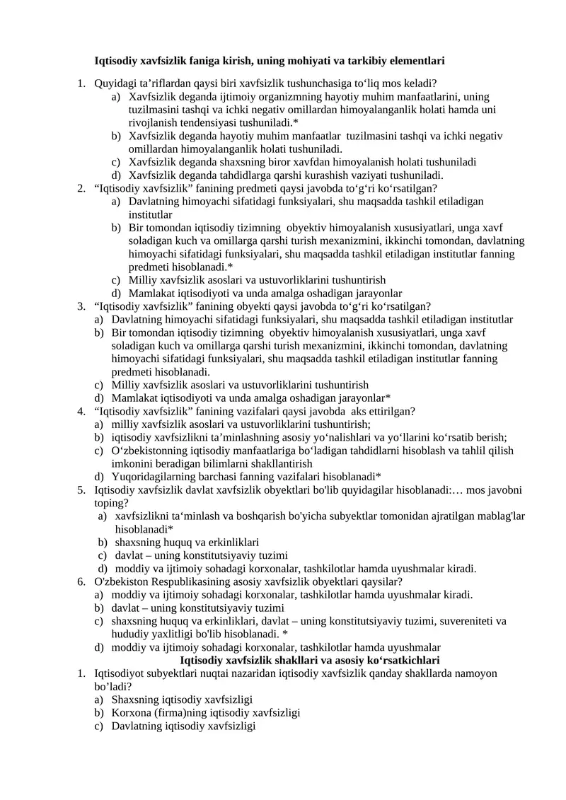 Iqtisodiy xavfsizlik faniga kirish, uning mohiyati va tarkibiy elementlari