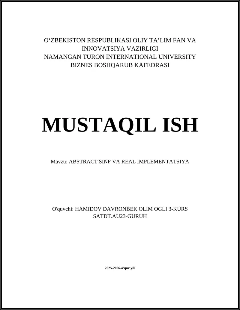 Abstract sinf tushunchasi va uning xususiyatlari
