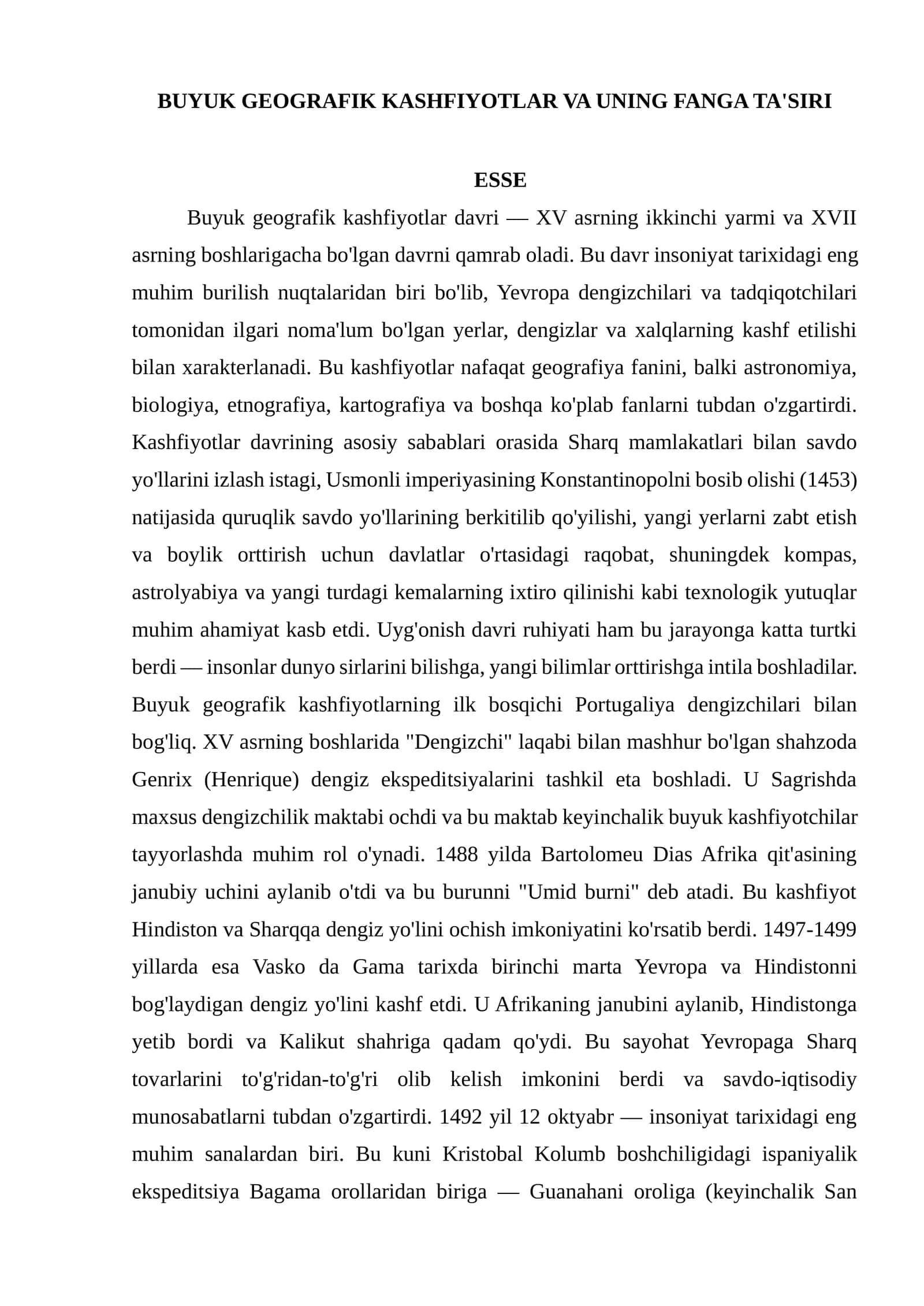BUYUK GEOGRAFIK KASHFIYOTLAR VA UNING FANGA TA'SIRI