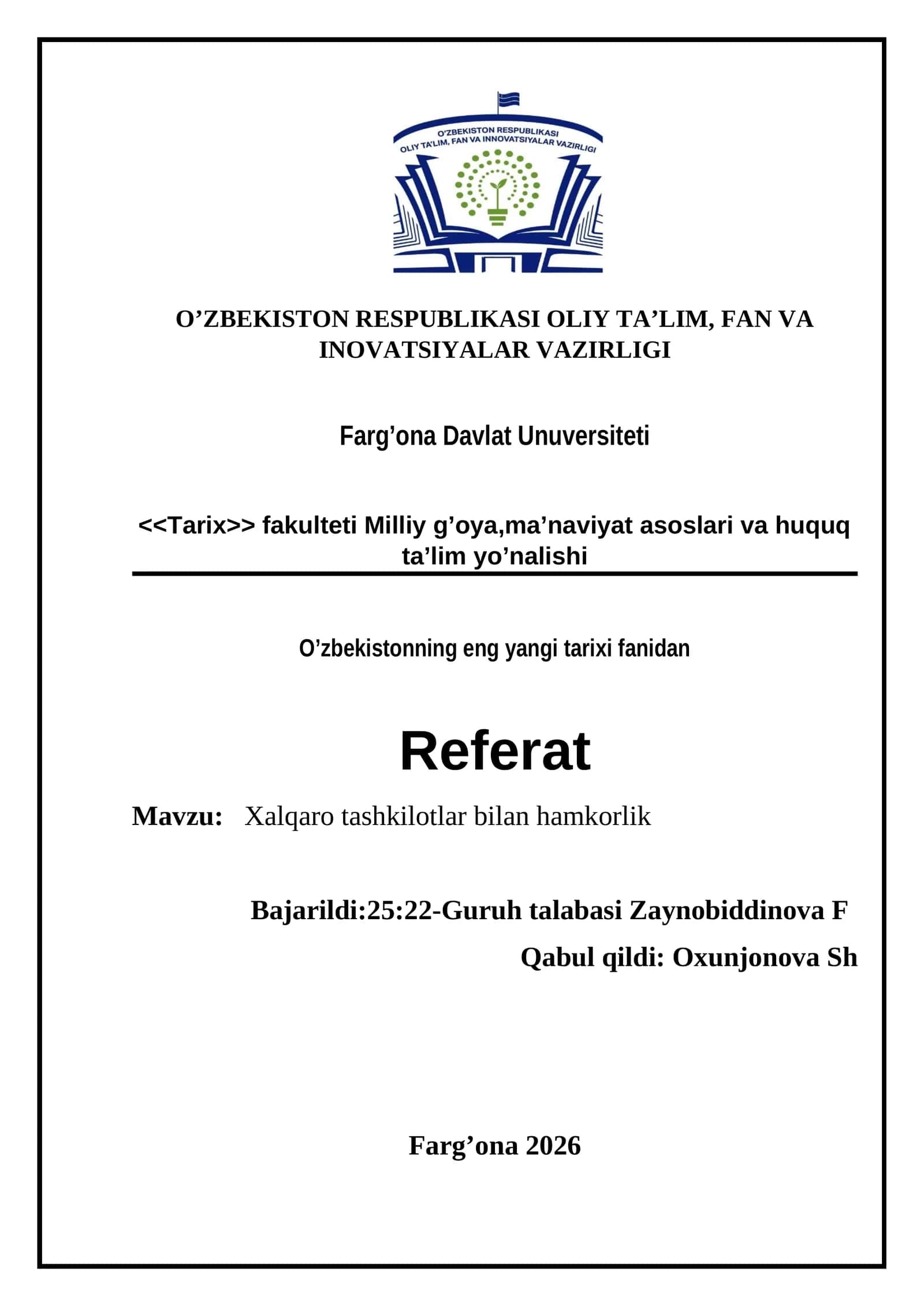O’zbekistonning Xalqaro Tashkilotlar Bilan Hamkorlik Referati
