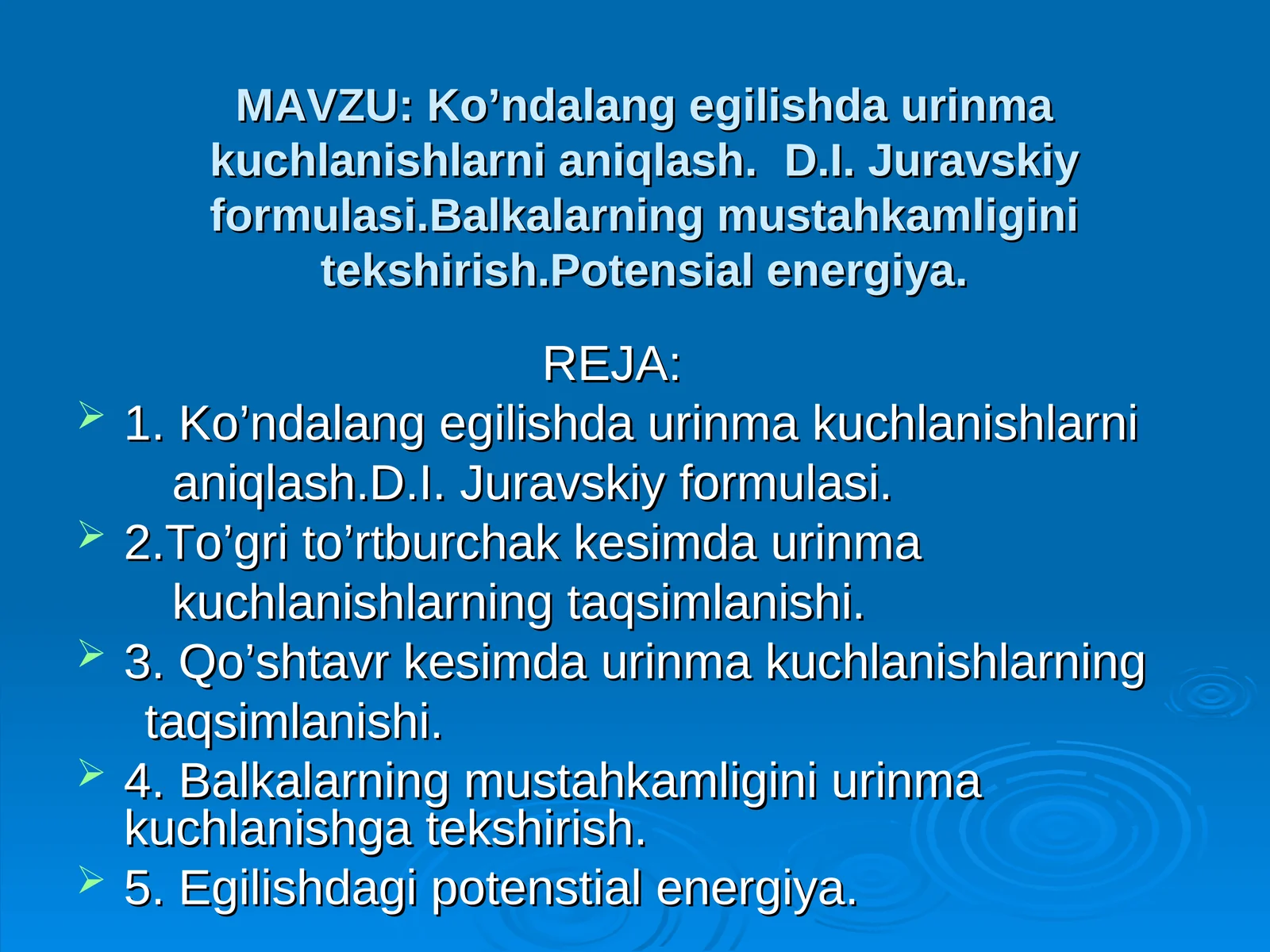 Ko’ndalang egilishda urinma kuchlanishlarni aniqlash