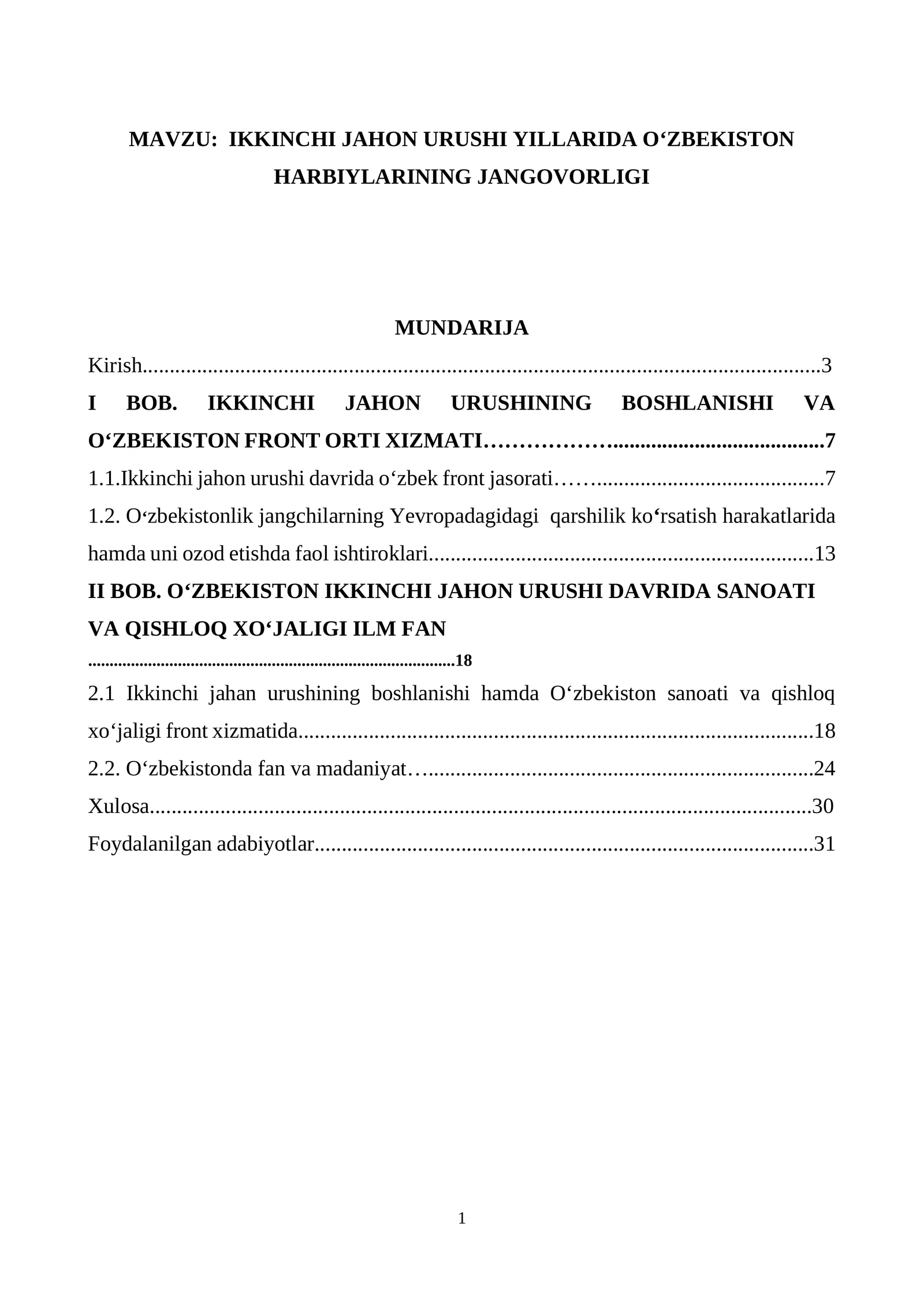 IKKINCHI JAHON URUSHI YILLARIDA OʻZBEKISTON HARBIYLARINING JANGOVORLIGI