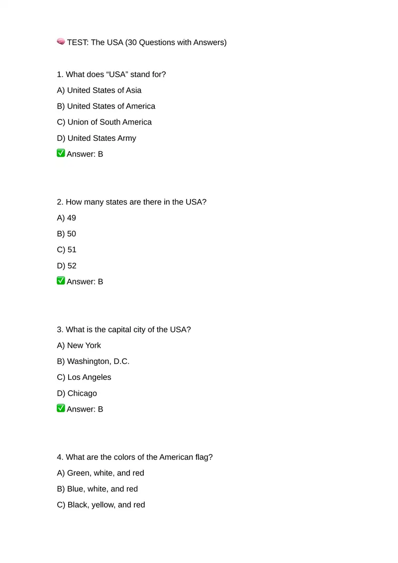 The USA (30 Questions with Answers)