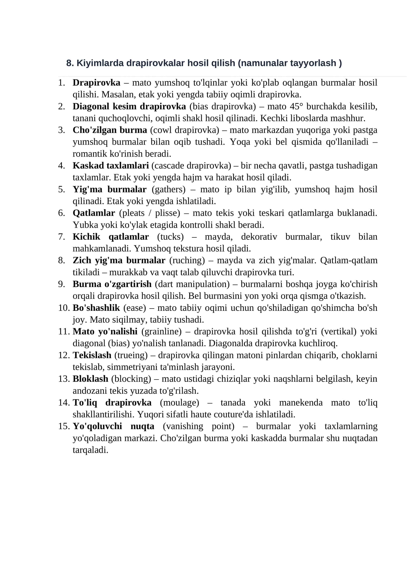 Kiyimlarda drapirovkalar hosil qilish (namunalar tayyorlash)