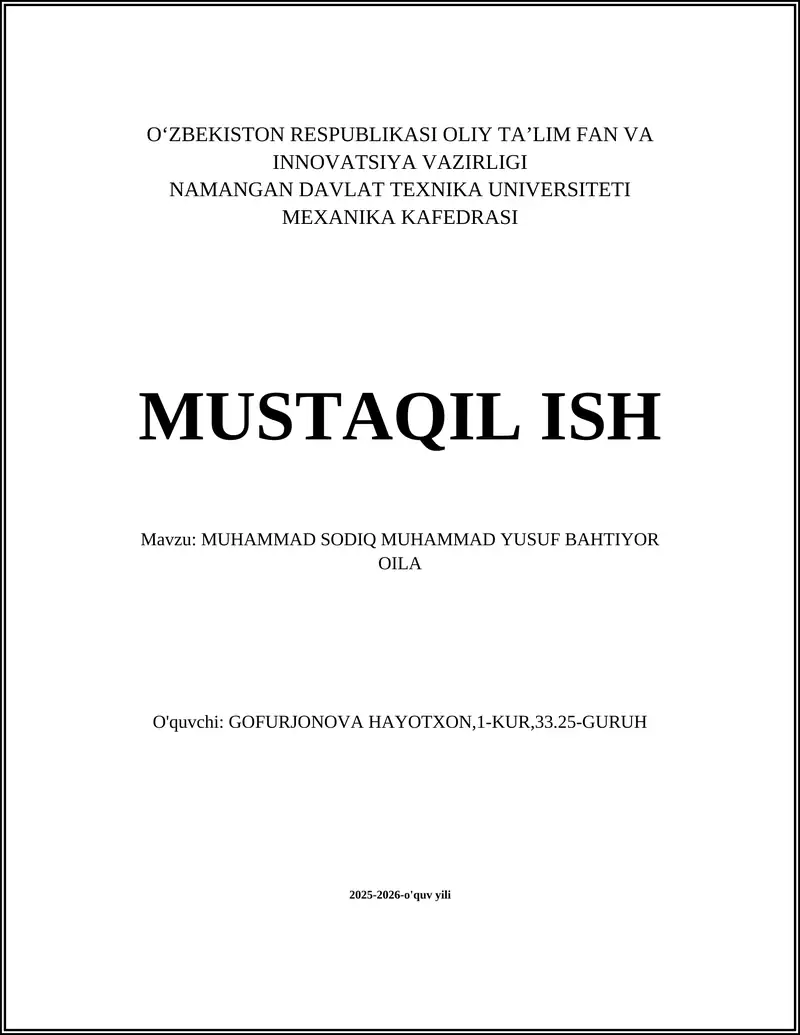 MUHAMMAD SODIQ MUHAMMAD YUSUF BAHTIYOR OILA
