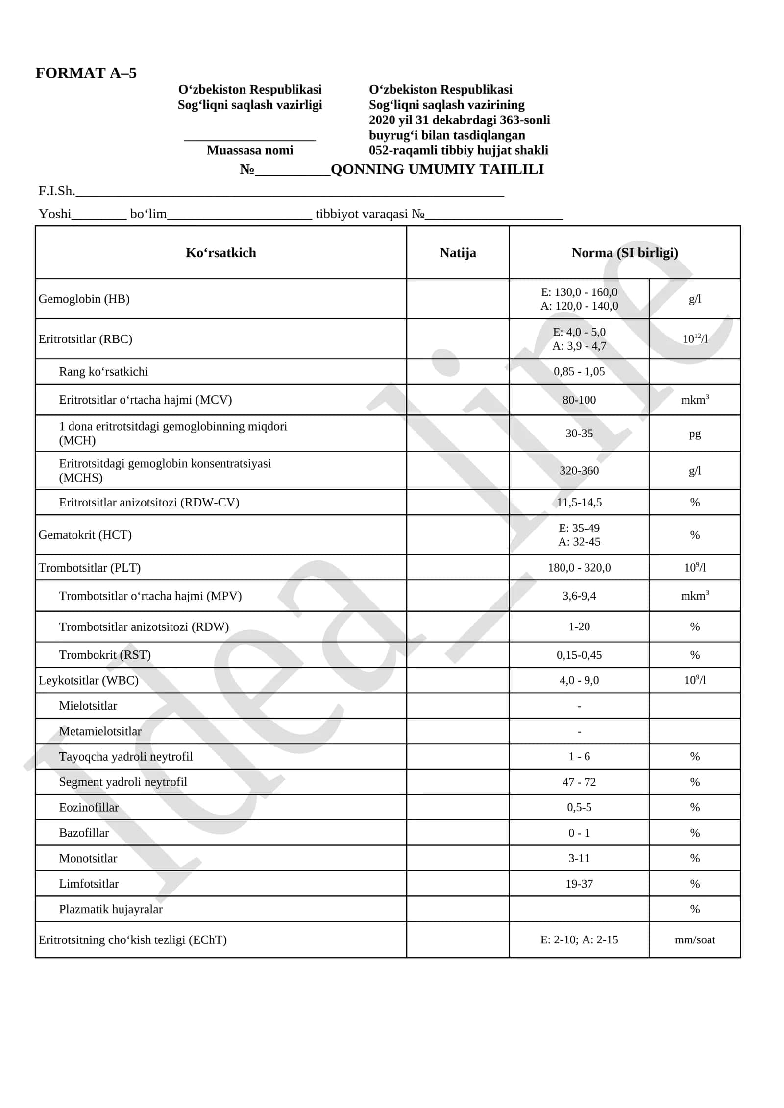 QONNING UMUMIY TAHLILI BLANKASI | A-5 FORMAT | WORD SHABLON