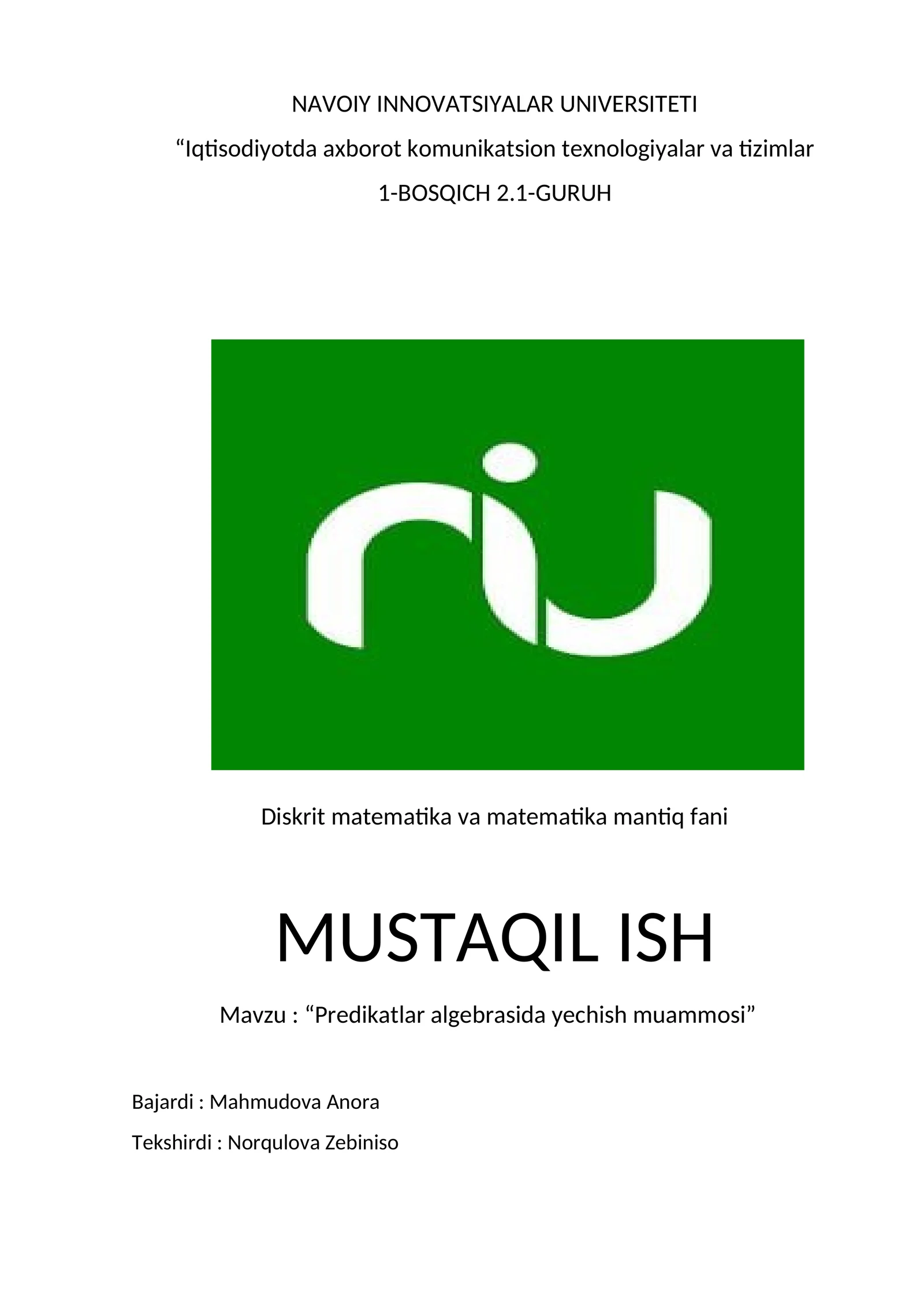Predikatlar algebrasida yechish muammosi