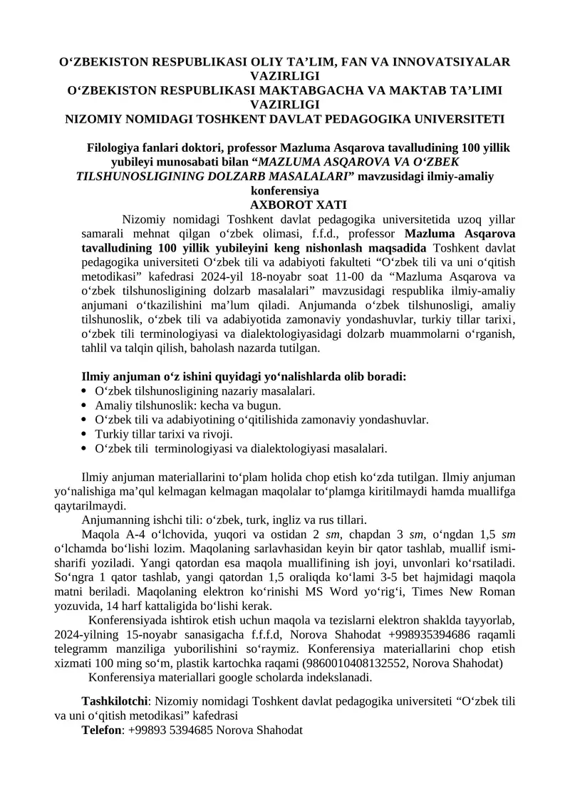 "MAZLUMA ASQAROVA VA O‘ZBEK TILSHUNOSLIGINING DOLZARB MASALARI"