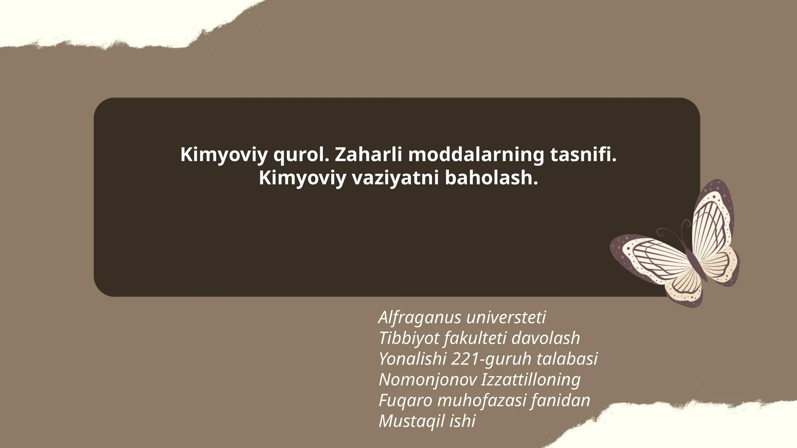 Kimyoviy qurol. Zaharli moddalarning tasnifi. Kimyoviy vaziyatni baholash
