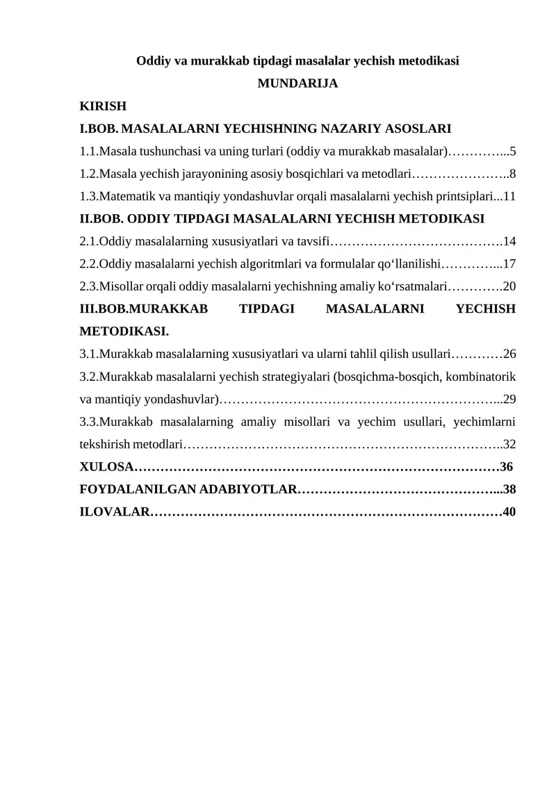 Oddiy va murakkab tipdagi masalalar yechish metodikasi
