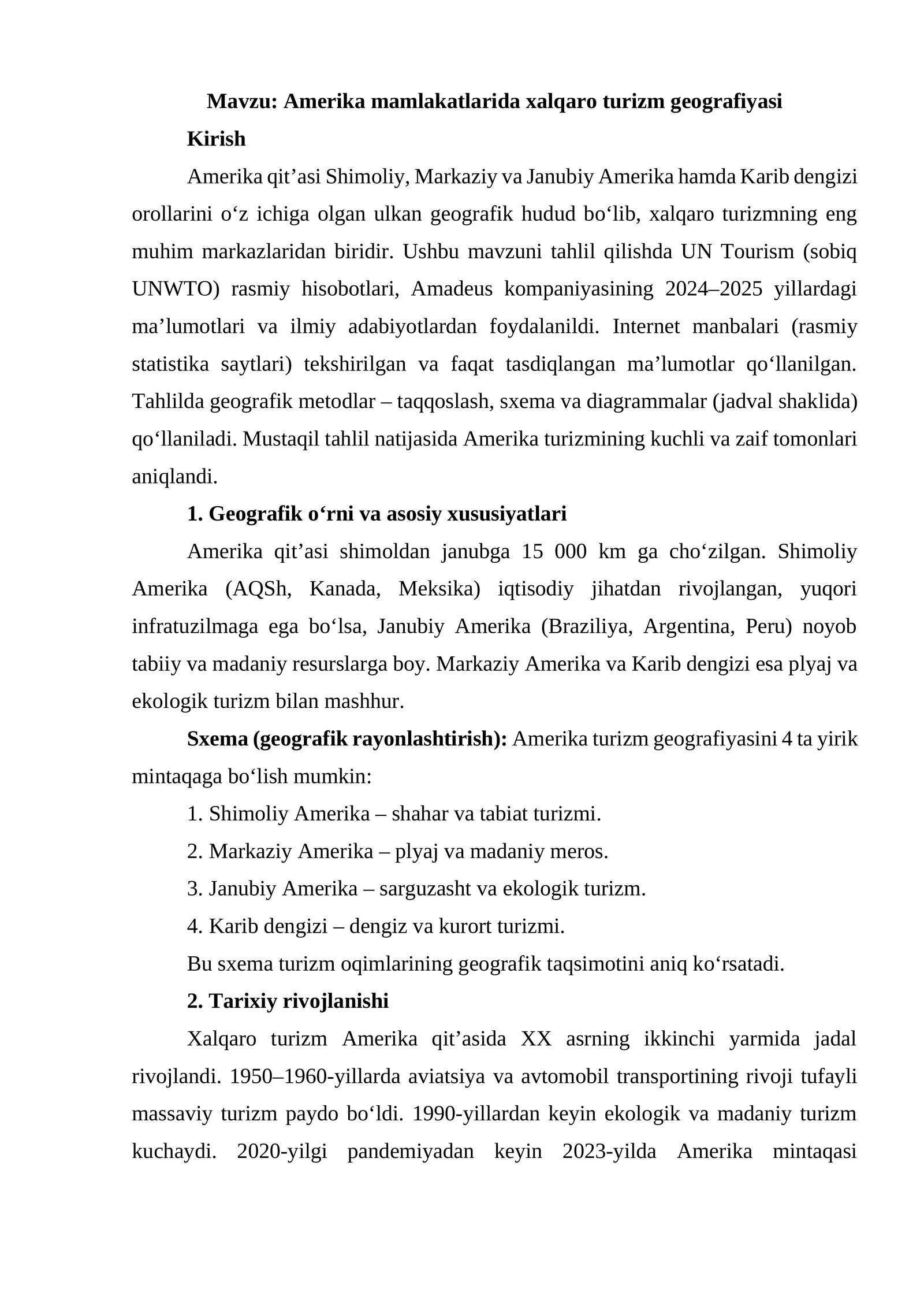 Amerika mamlakatlarida xalqaro turizm geografiyasi