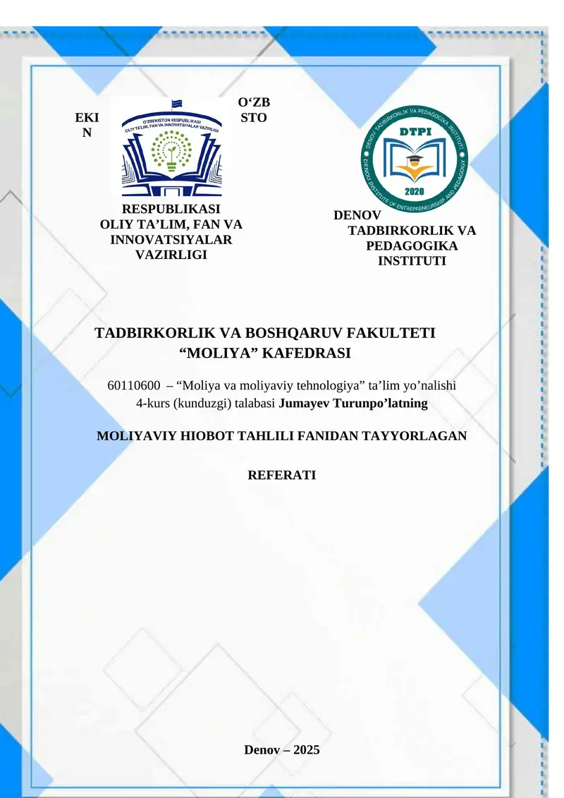 MOLIYAVIY HIOBOT TAHLILI FANIDAN TAYYORLAGAN REFERATI