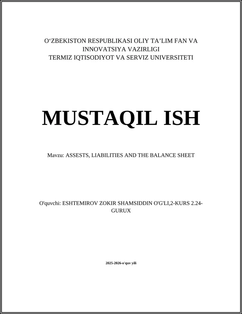 ASSESTS, LIABILITIES AND THE BALANCE SHEET