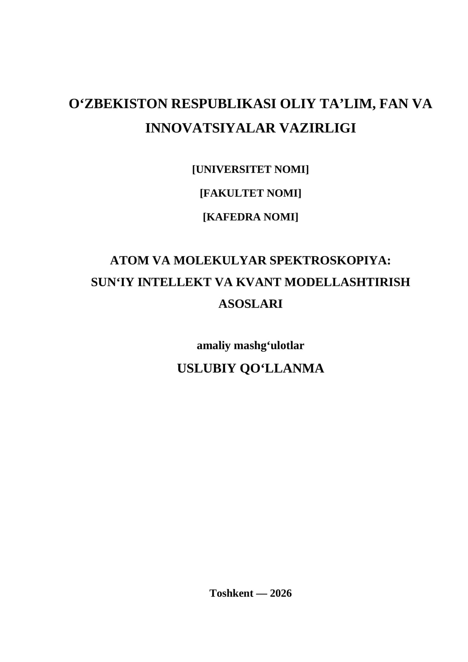 Umumiy 12 ta amaliyot mavzusi 1. Atom va molekulyar orbitallarni tasvirlashda sun’iy intellektdan foydalanish. 2. Asosiy spektroskopiya tajribasi. 3. Sun’iy intellekt yordamida elektron konfiguratsiyalarni tahlil qilish. 4. Sun’iy intellekt yordamida atomlarning elektron konfiguratsiyasini tahlil qilish. 5. Sun’iy intellekt yordamida atom orbitallarini modellashtirish. 6. Oddiy hisoblash mashqi. 7. Yorug'lik-materiyaning o'zaro ta'sirini ko'rsatish.