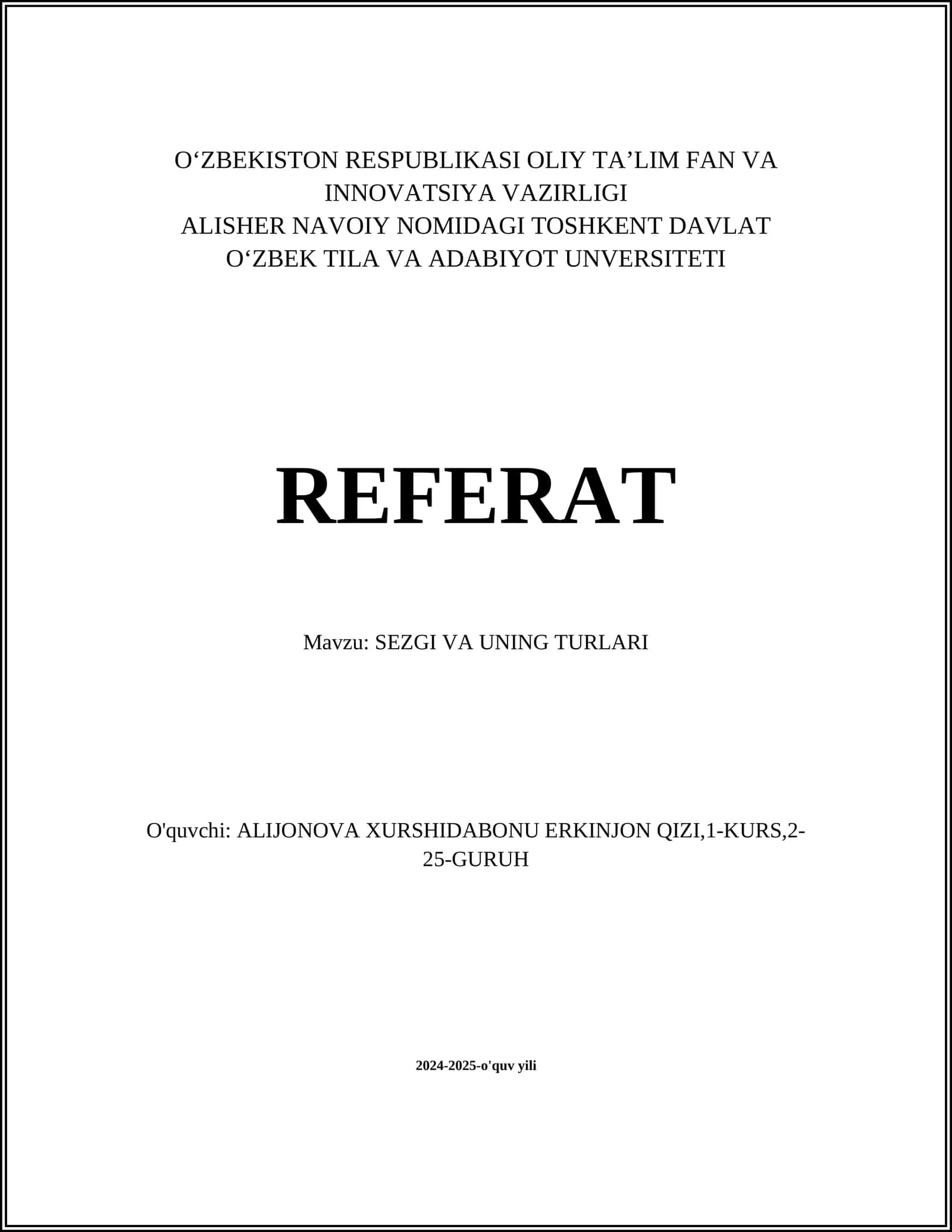 SEZGI VA UNING TURLARI