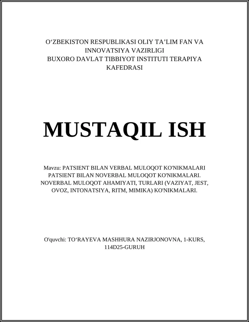 PATSIENT BILAN VERBAL MULOQOT KO'NIKMALARI