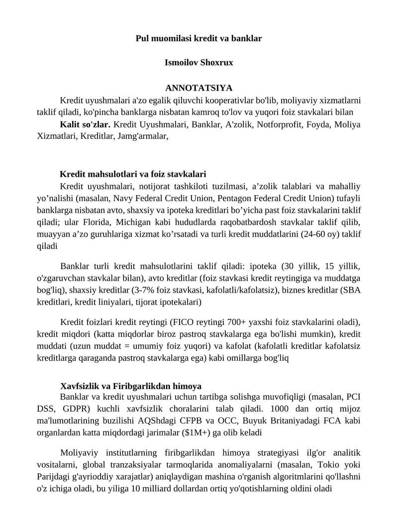Kredit mahsulotlari va foiz stavkalari