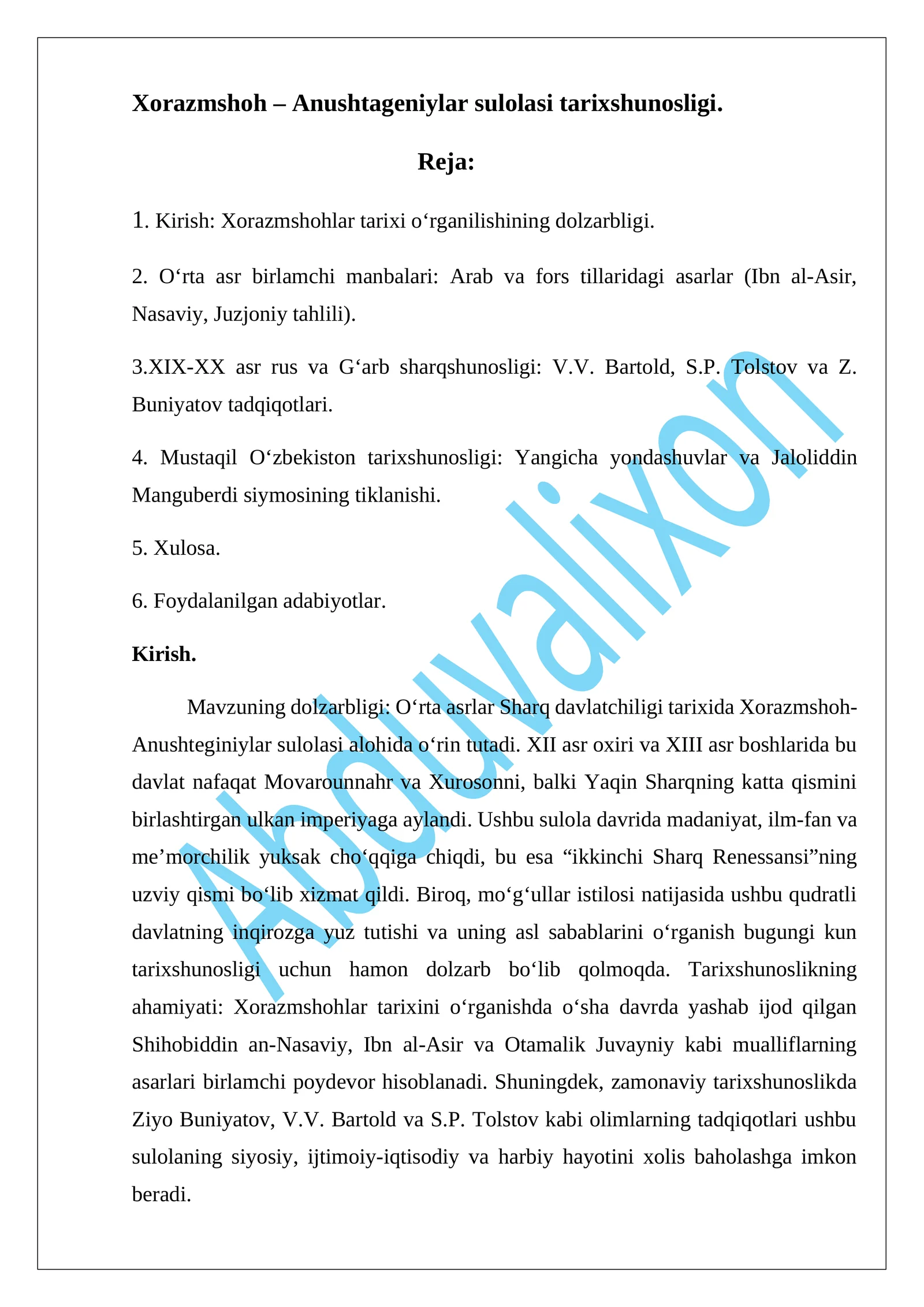 Xorazmshoh – Anushtageniylar sulolasi tarixshunosligi