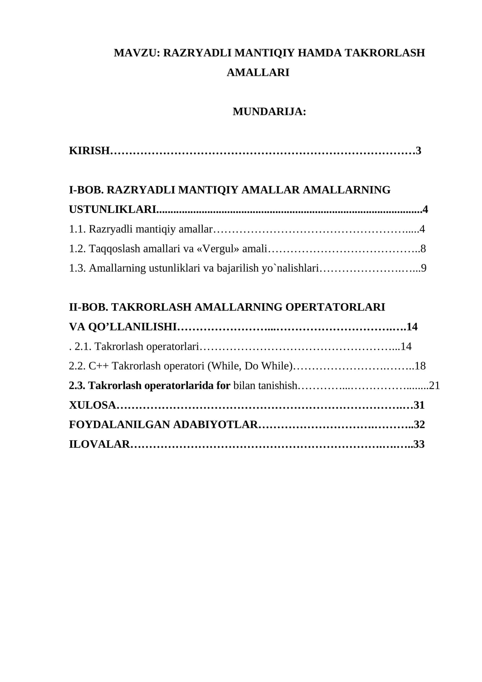 RAZRYADLI MANTIQIY HAMDA TAKRORLASH AMALLARI