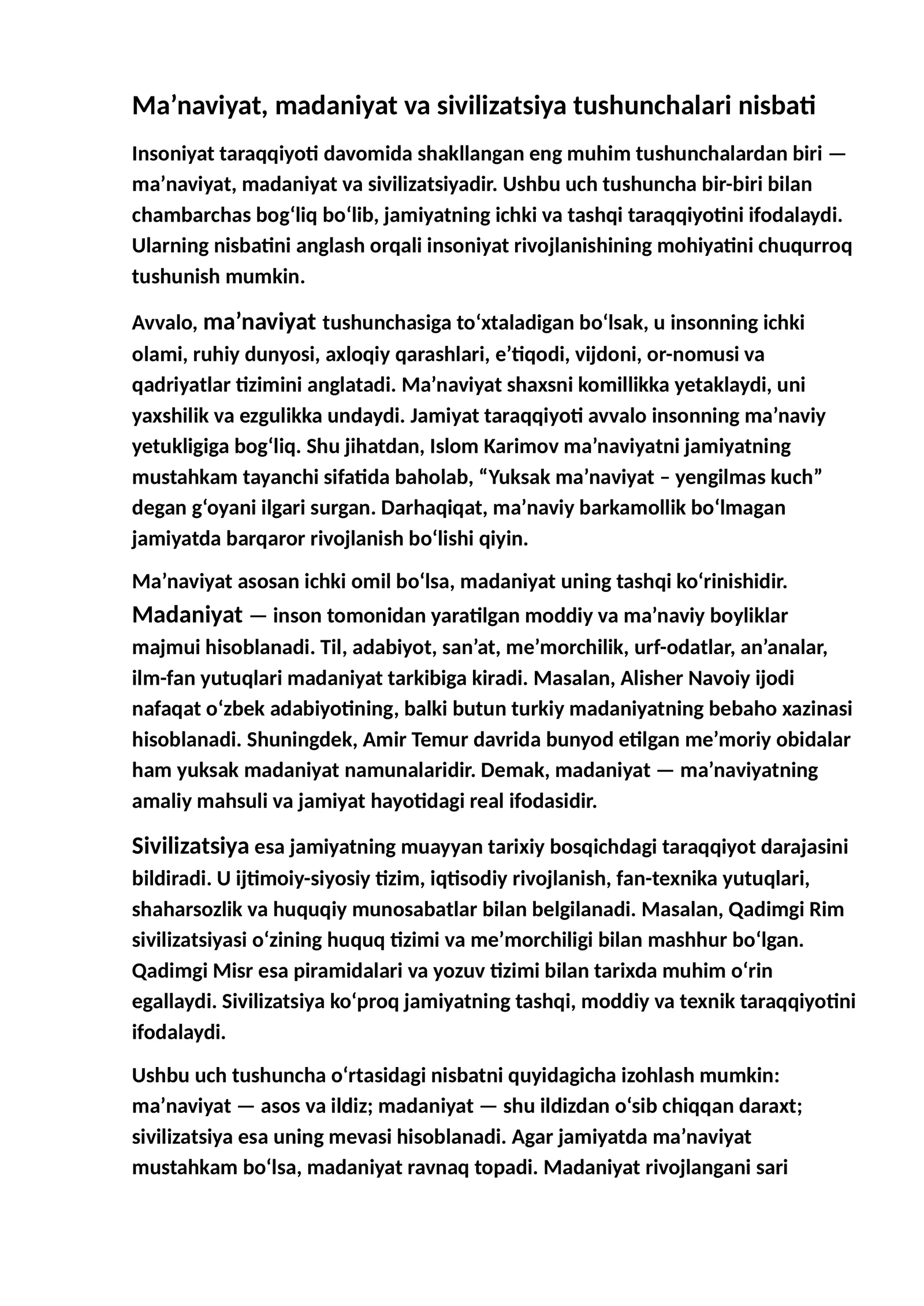 Ma’naviyat, madaniyat va sivilizatsiya tushunchalari nisbati
