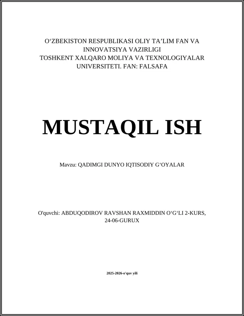 QADIMGI DUNYO IQTISODIY GʻOYALAR