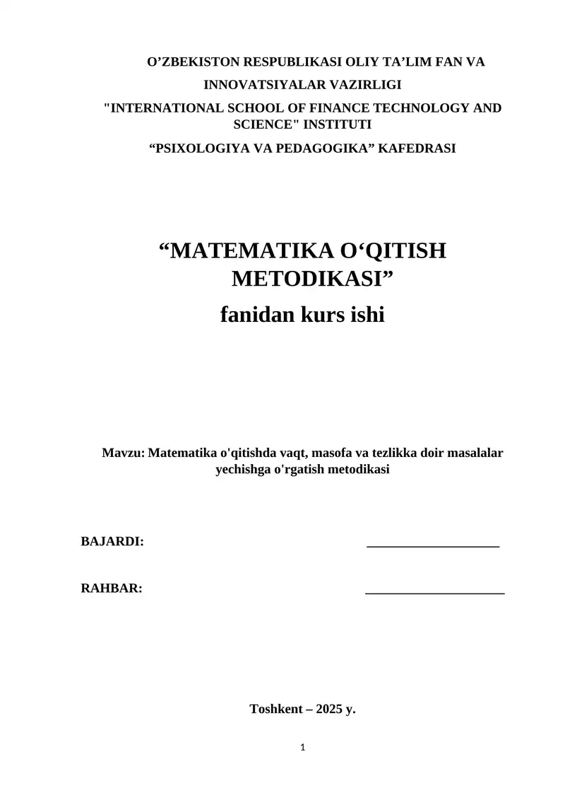 Matematika o'qitishda vaqt, masofa va tezlikka doir masalalar yechishga o'rgatish metodikasi.docx