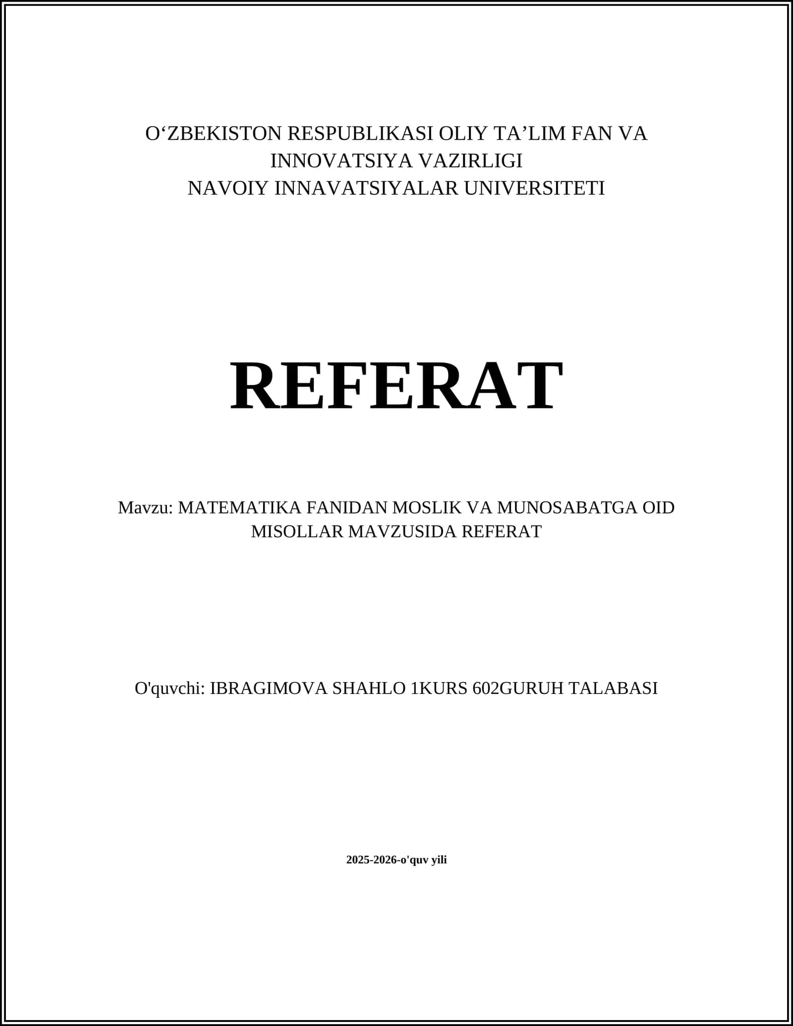 MATEMATIKA FANIDAN MOSLIK VA MUNOSABATGA OID MISOLLAR MAVZUSIDA REFERAT