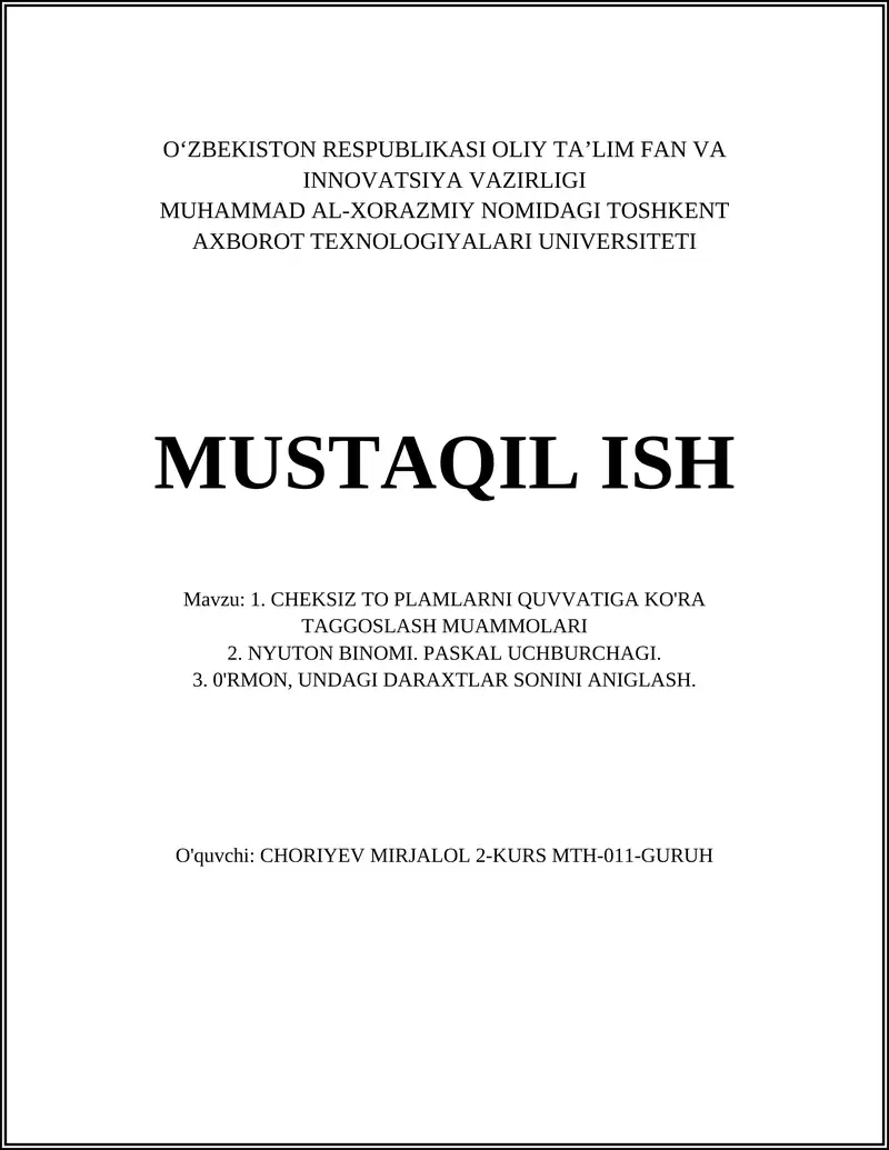 CHEKSIZ TO PLAMLARNI QUVVATIGA KO'RA TAGGOSLASH MUAMMOLARI