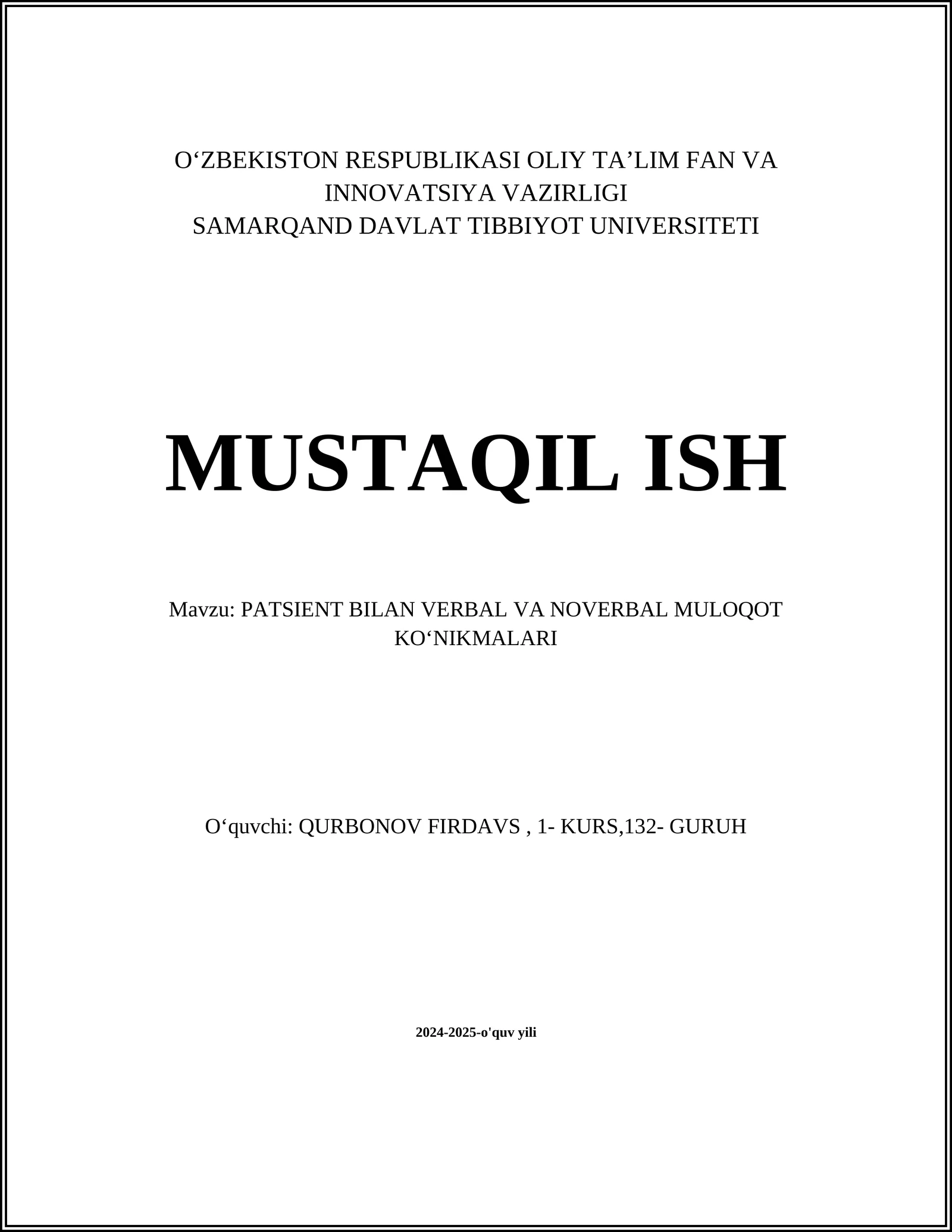 PATSIENT BILAN VERBAL VA NOVERBAL MULOQOT KO‘NIKMALARI