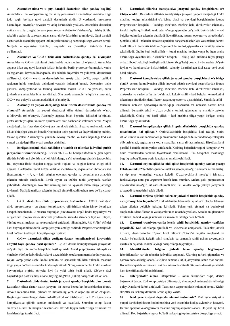 Assembler va C/C++ tizimlarni dasturlashda roli