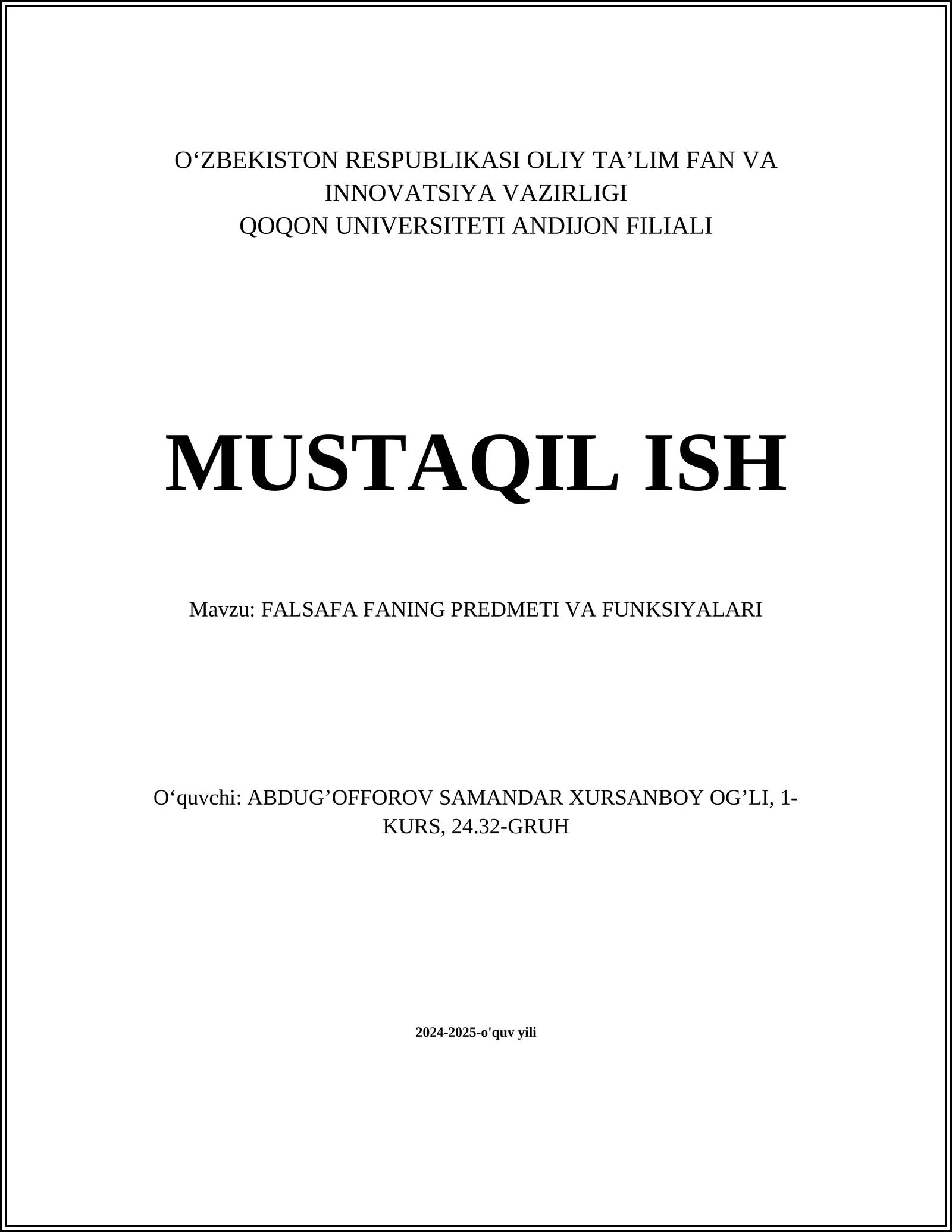 FALSAFA FANING PREDMETI VA FUNKSIYALARI