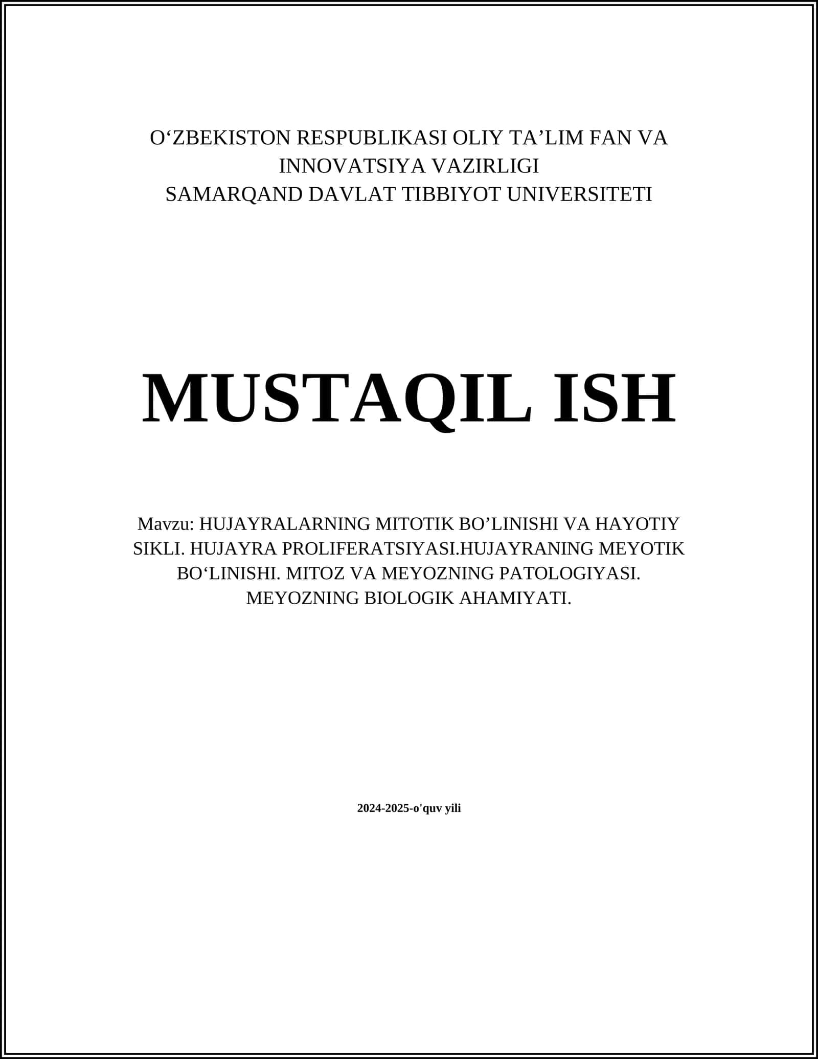 HUJAYRALARNING MITOTIK BO’LINISHI VA HAYOTIY SIKLI. HUJAYRA PROLIFERATSIYASI.HUJAYRANING MEYOTIK BO‘LINISHI. MITOZ VA MEYOZNING PATOLOGIYASI. MEYOZNING BIOLOGIK AHAMIYATI