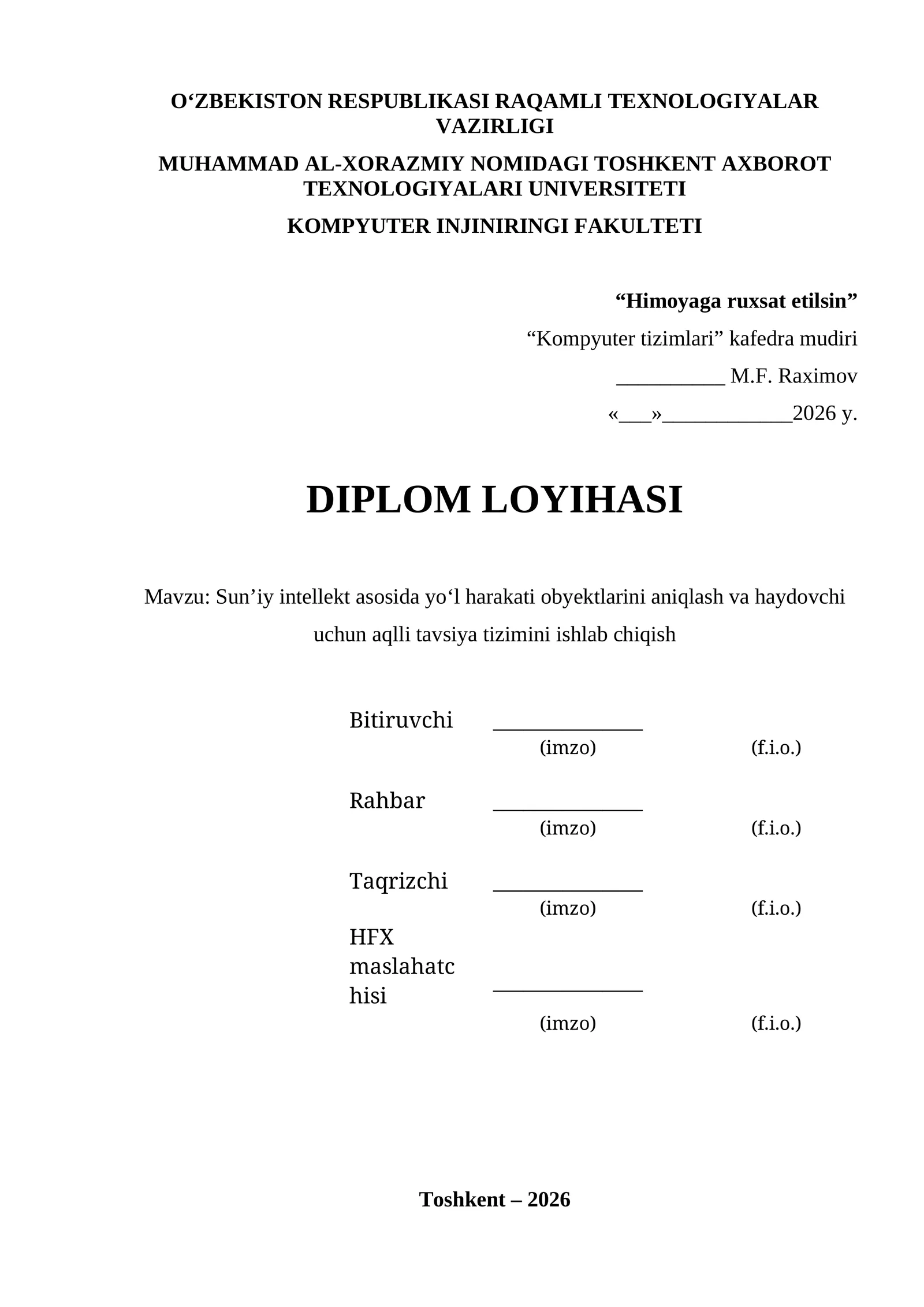 Sun’iy intellekt asosida yo‘l harakati obyektlarini aniqlash va haydovchi uchun aqlli tavsiya tizimini ishlab chiqish diplom ishi